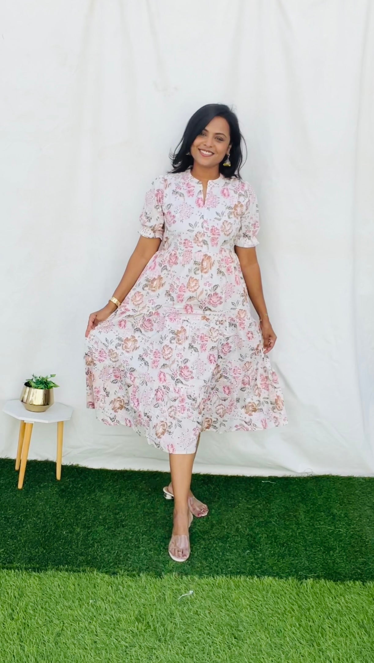 White hand block printed maternity feeding dress with lining