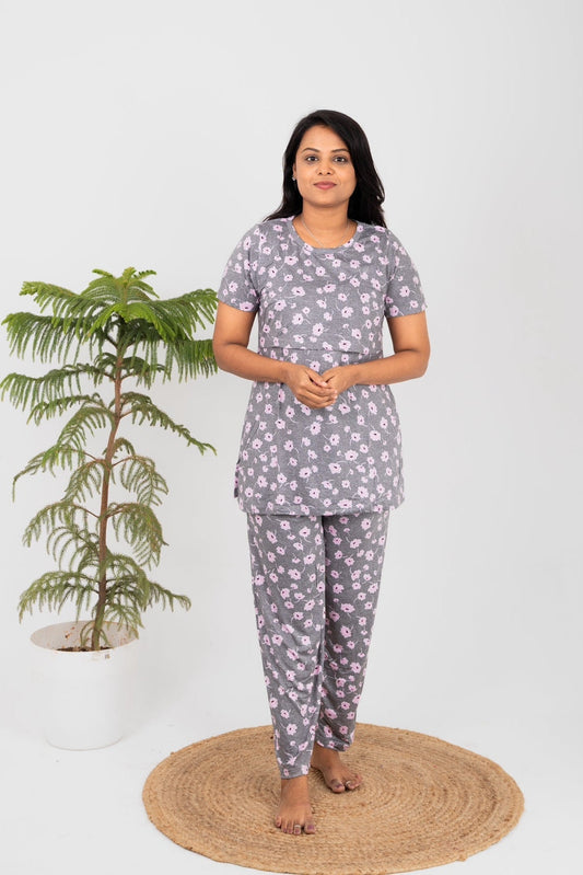 Grey flower Feeding Pant Set ( lightweight )