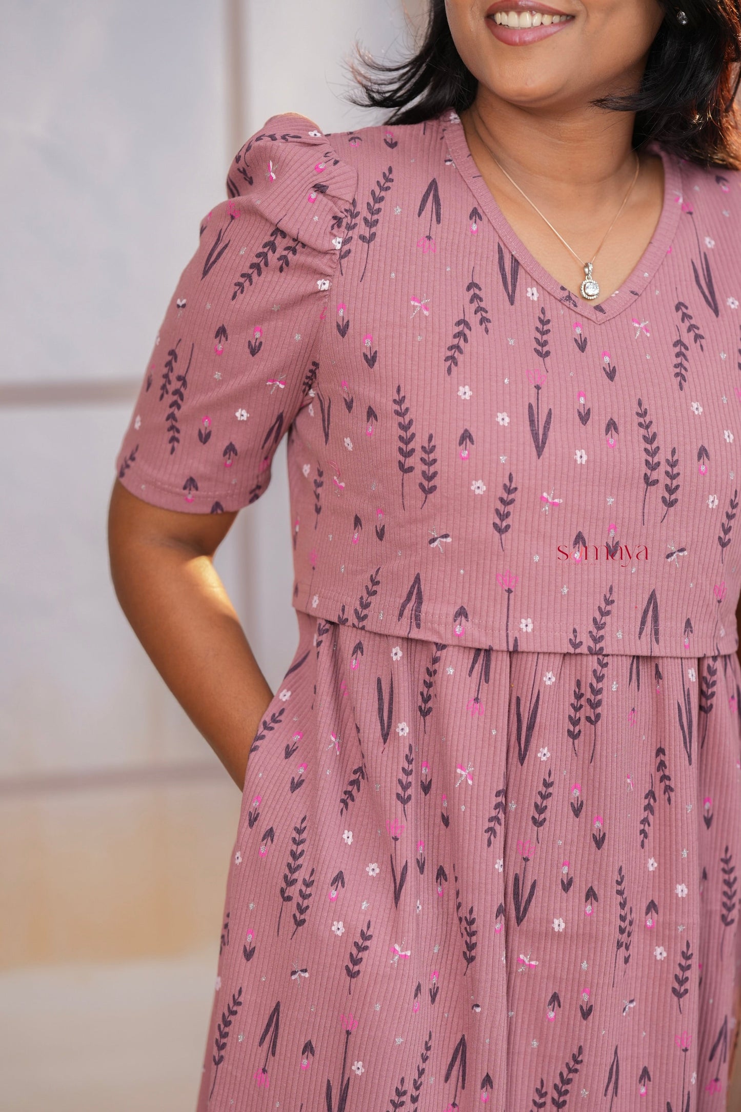 Midi Dusty Pink Ribbed Thick Weight Dress  ( cotton fabric )