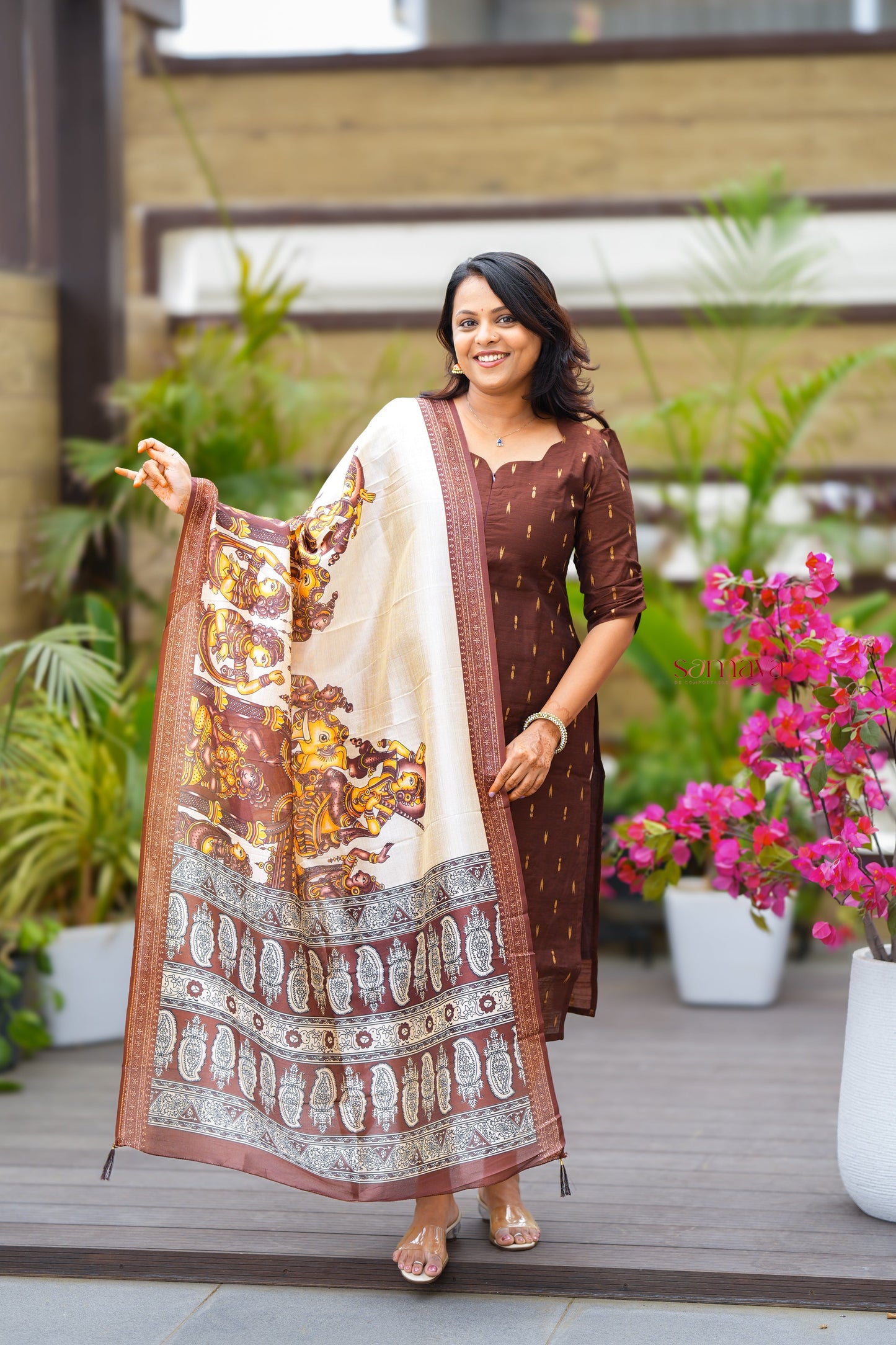 Chocolate - 3 piece salwar suit set with printed kalamkari dupatta