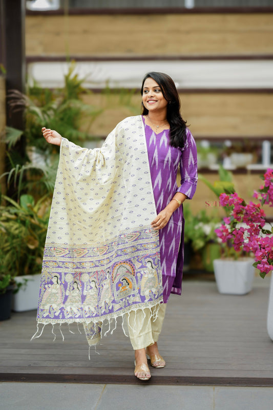 Pari -purple ikkat  Cotton 3 piece Set with lining