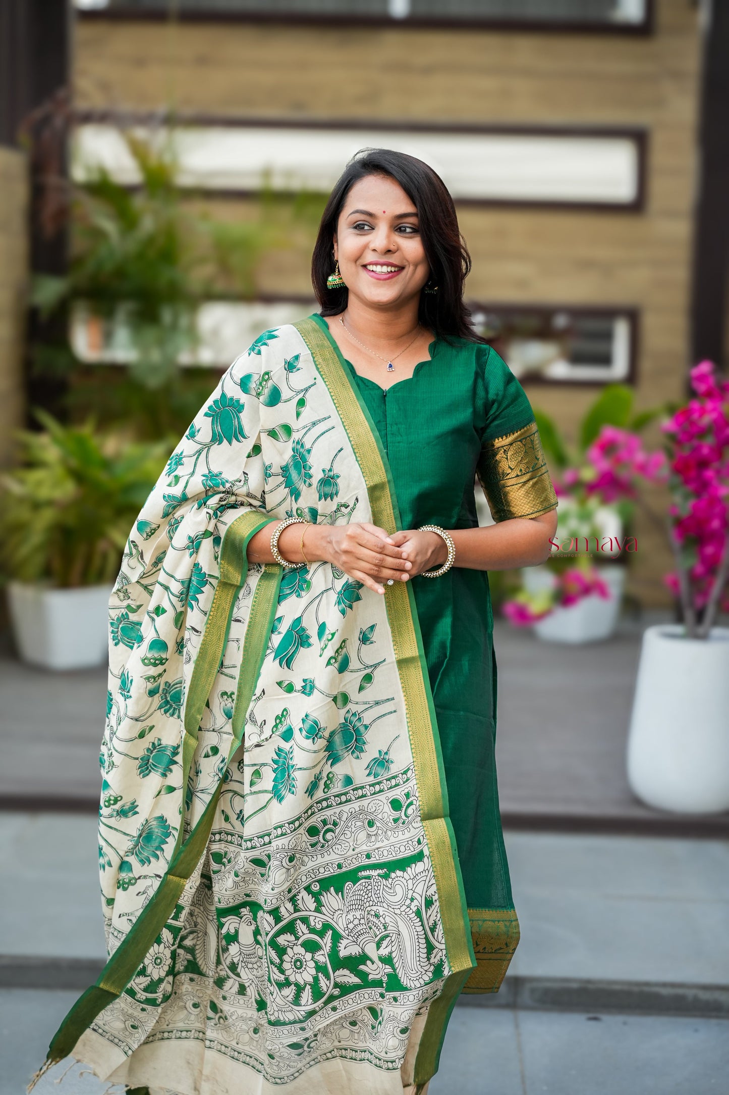 Mangalgiri Green Narayanapet silk top with kalamkari hand painted duppatta set of 2 ( ready to dispatch)