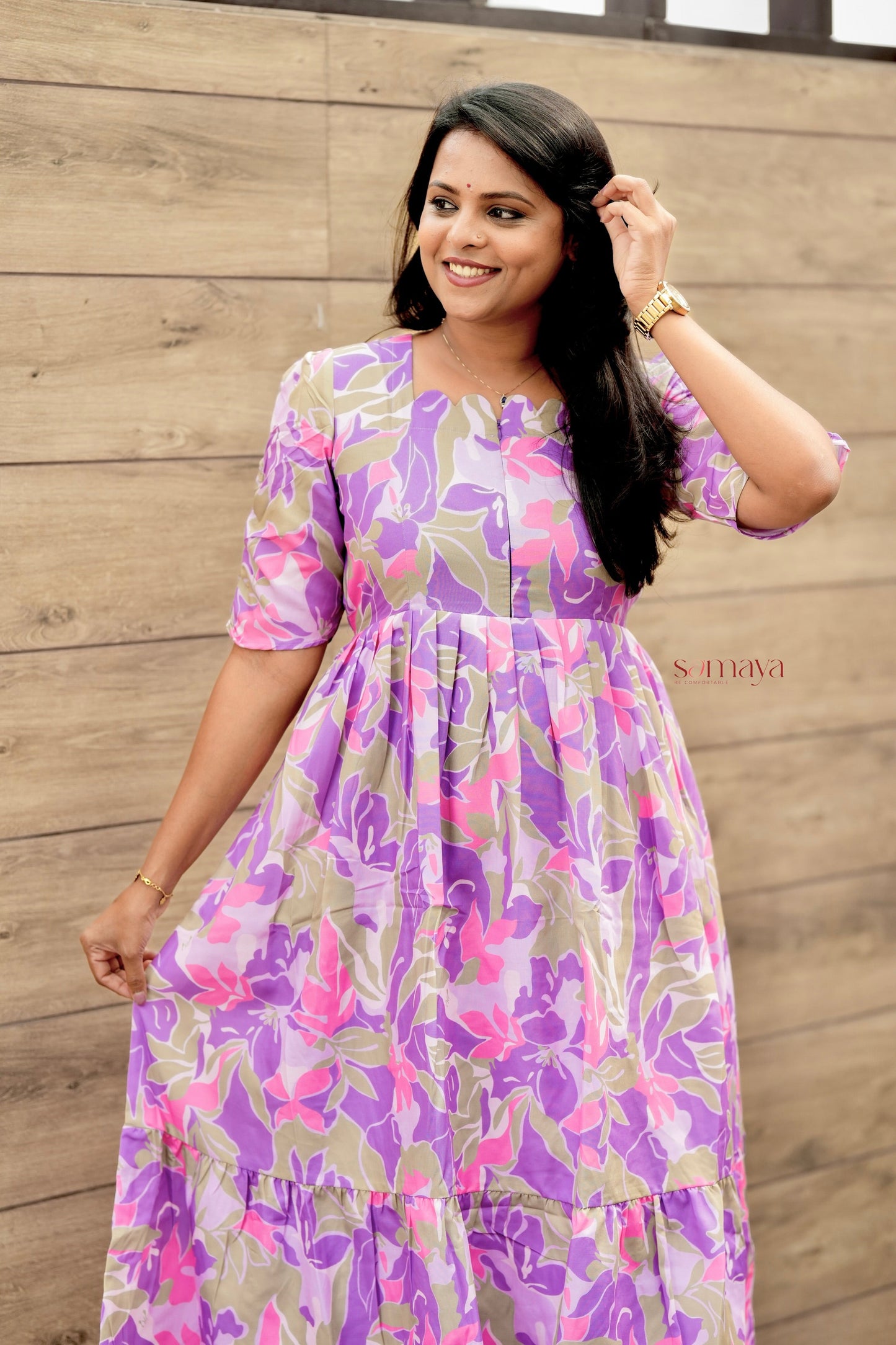 Laya Floral Dress With lining( Wrinkle-Free Cotton Blend Dress)