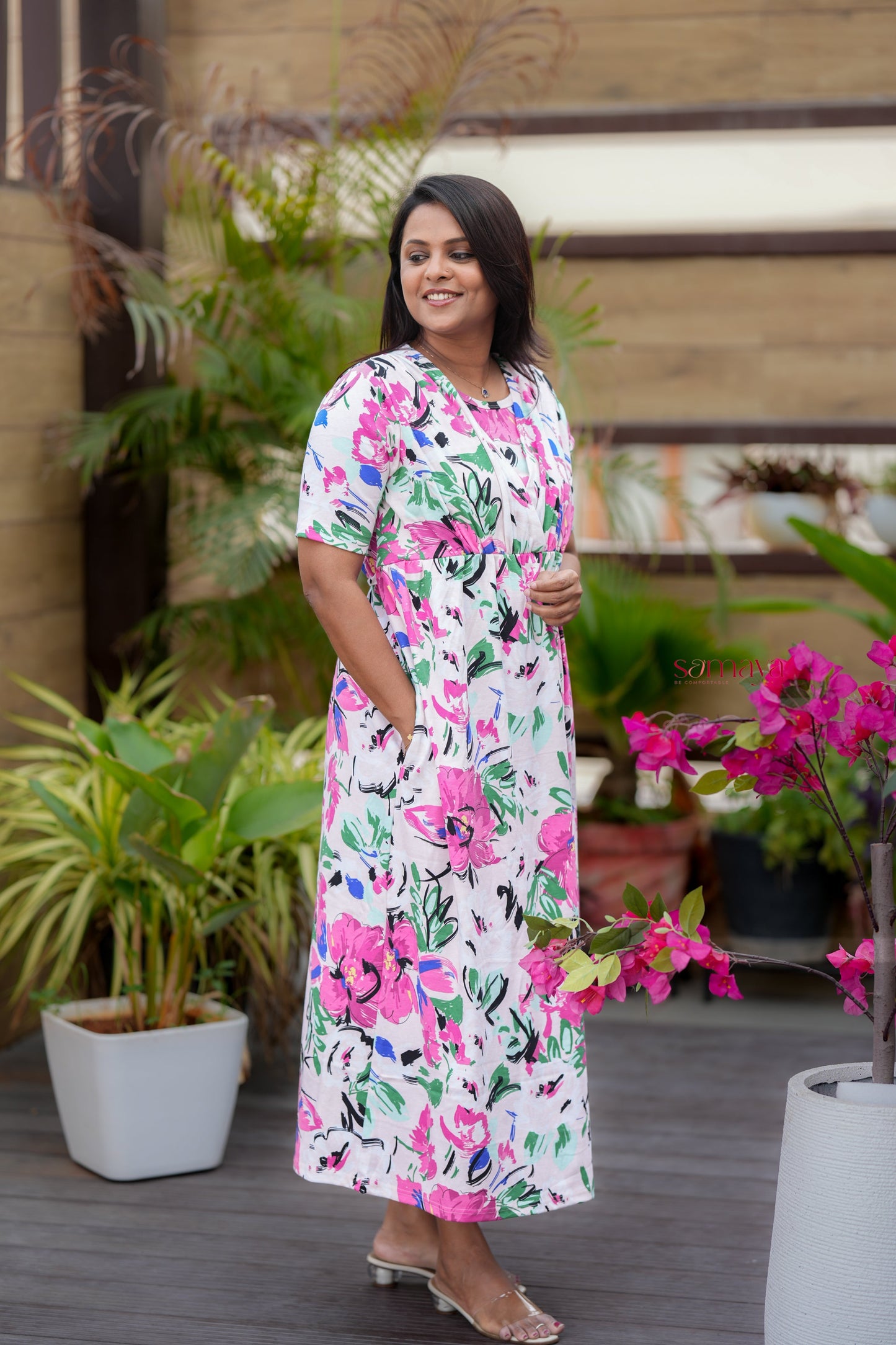 Maxi floral  Light Weight Dress with attached dupptta drape