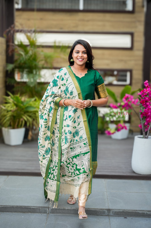 Mangalgiri Green Narayanapet silk top with kalamkari hand painted duppatta set of 2 ( ready to dispatch)