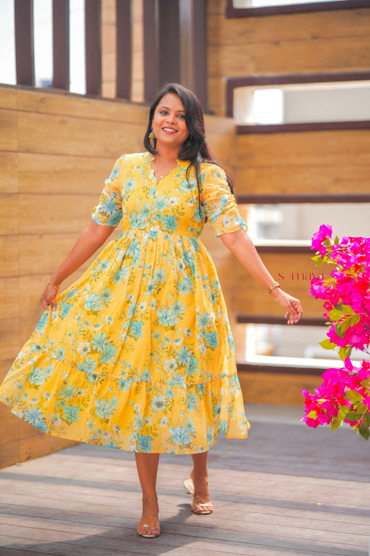 Yellow  georgette casual  Dress With Lining
