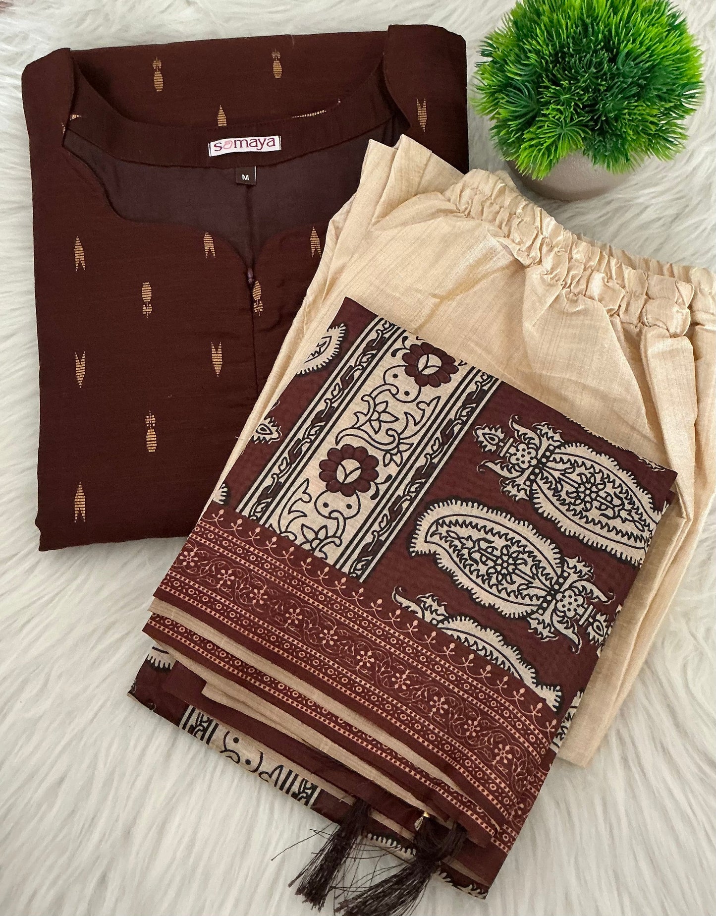 Chocolate - 3 piece salwar suit set with printed kalamkari dupatta