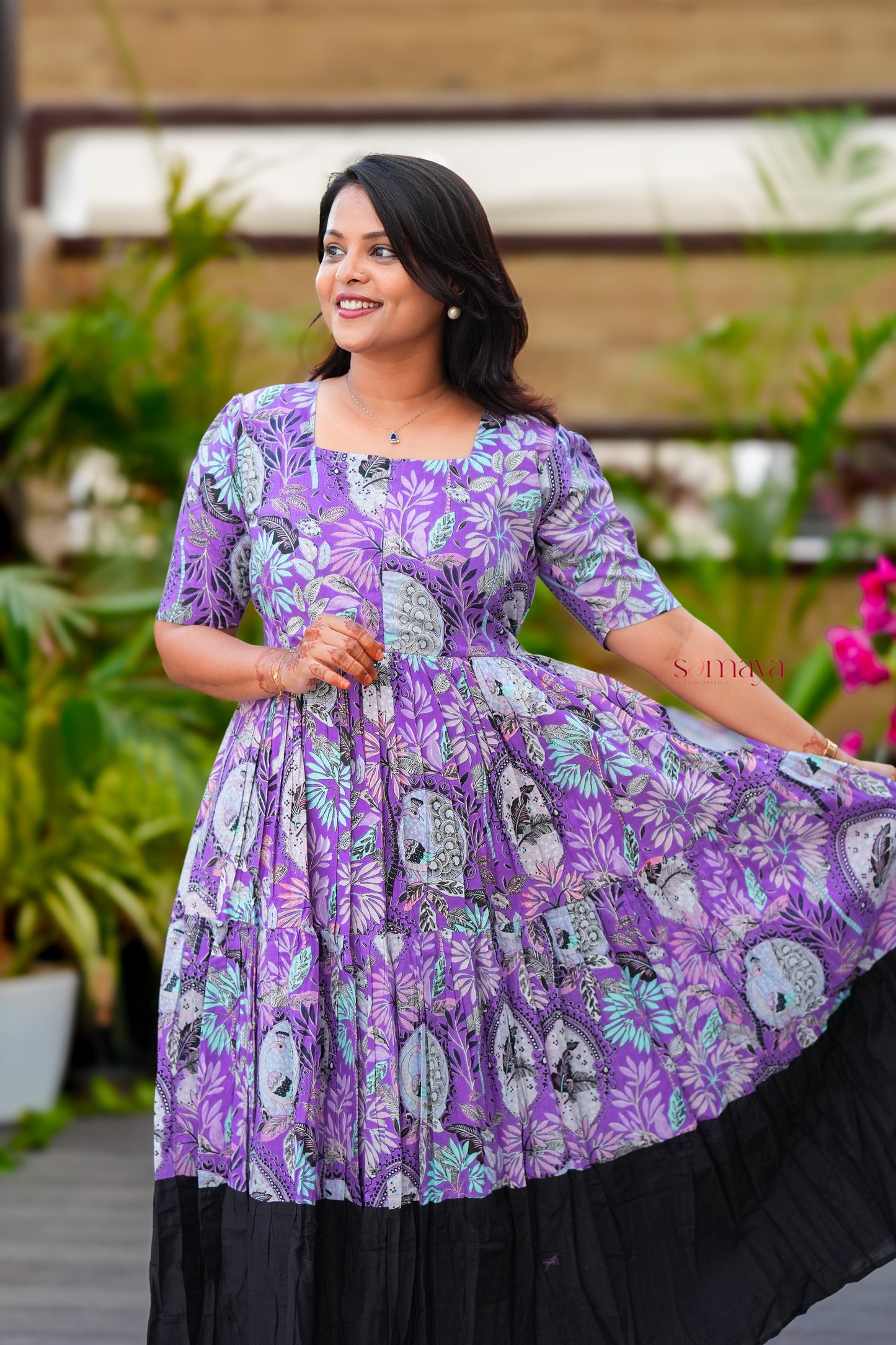 Maxi  peacock Casual Dress With Lining