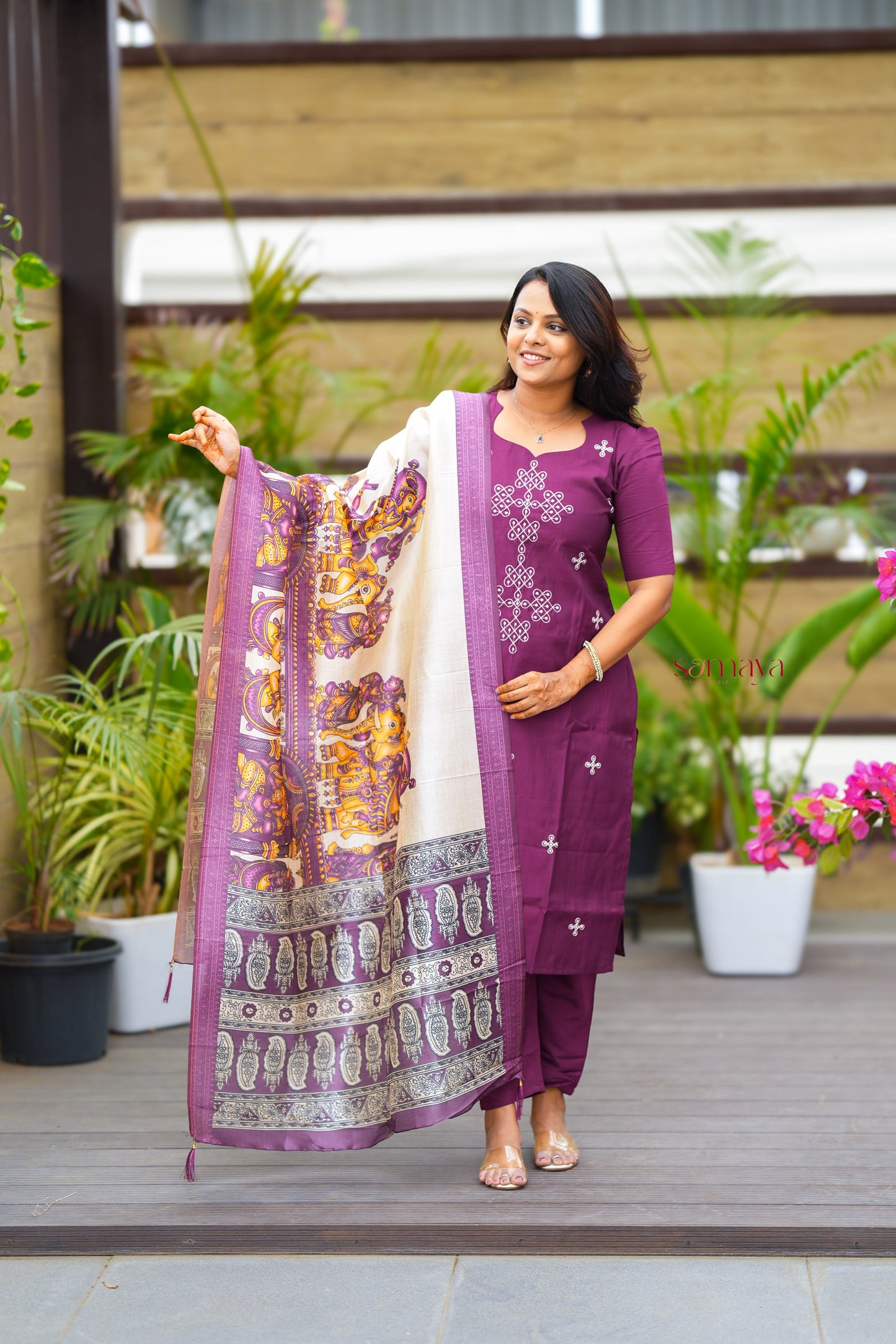 Saanvi -Purple Kolam 3 piece salwar suit set with kalamkari printed dupatta