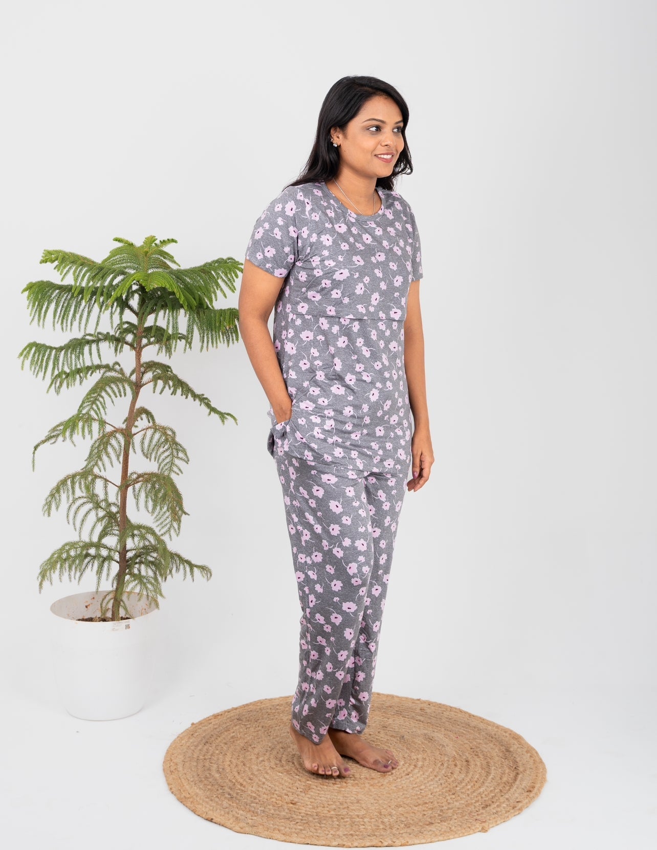 Grey flower Feeding Pant Set ( lightweight )