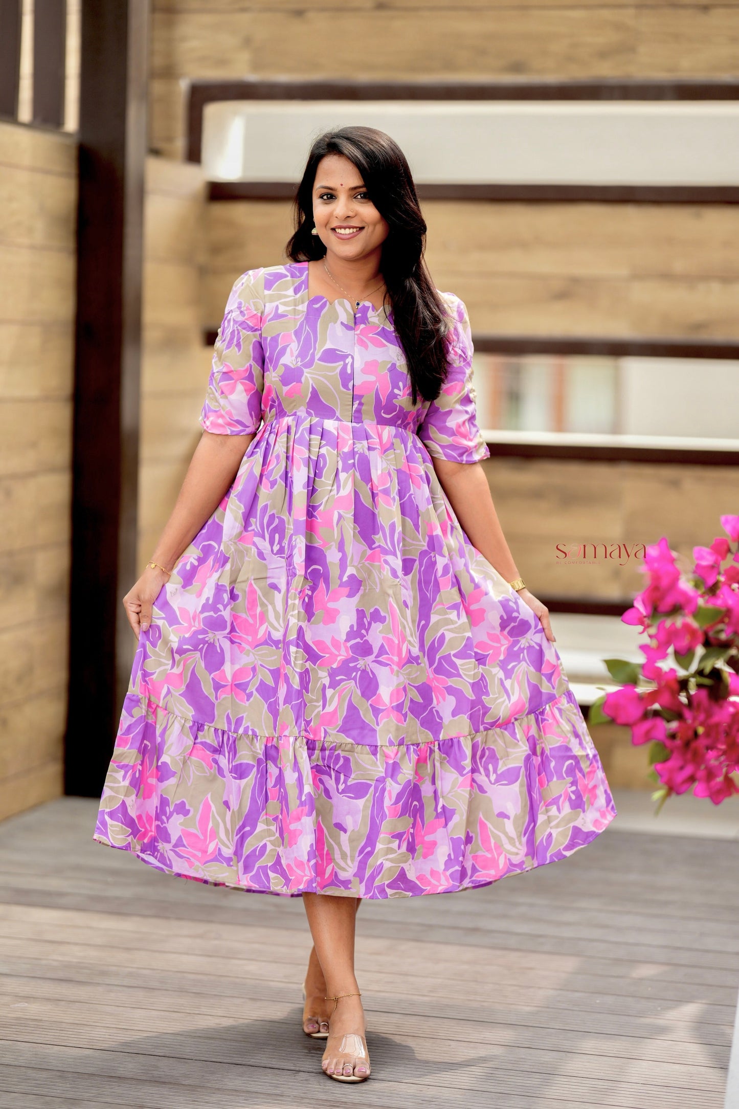 Laya Floral Dress With lining( Wrinkle-Free Cotton Blend Dress)