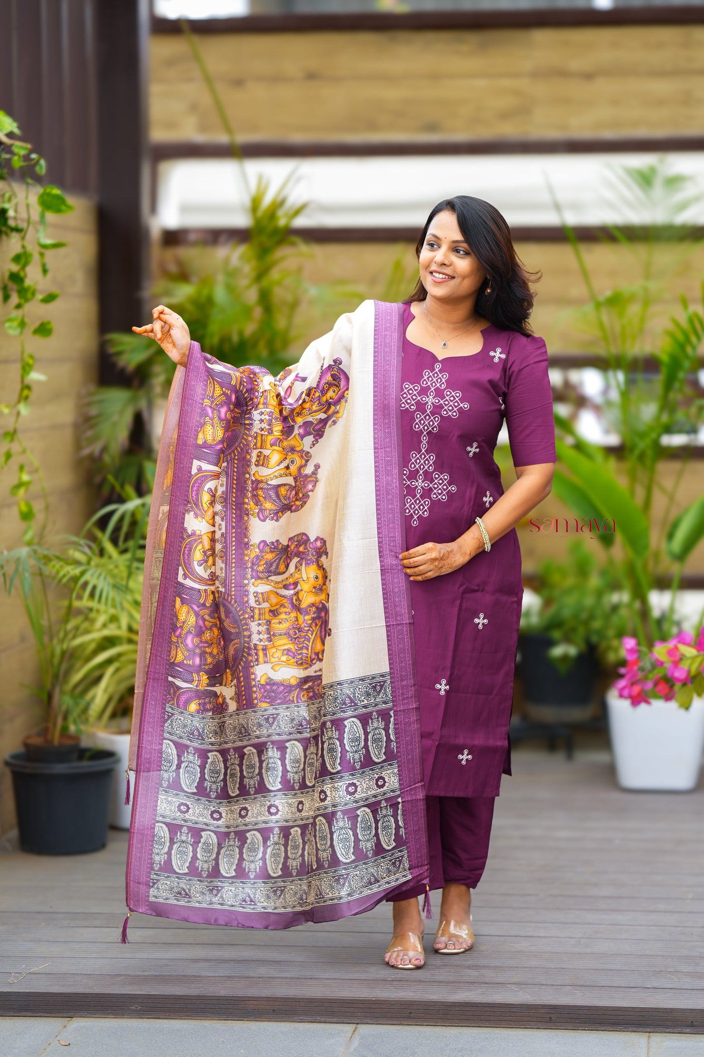 Saanvi -Purple Kolam 3 piece salwar suit set with kalamkari printed dupatta