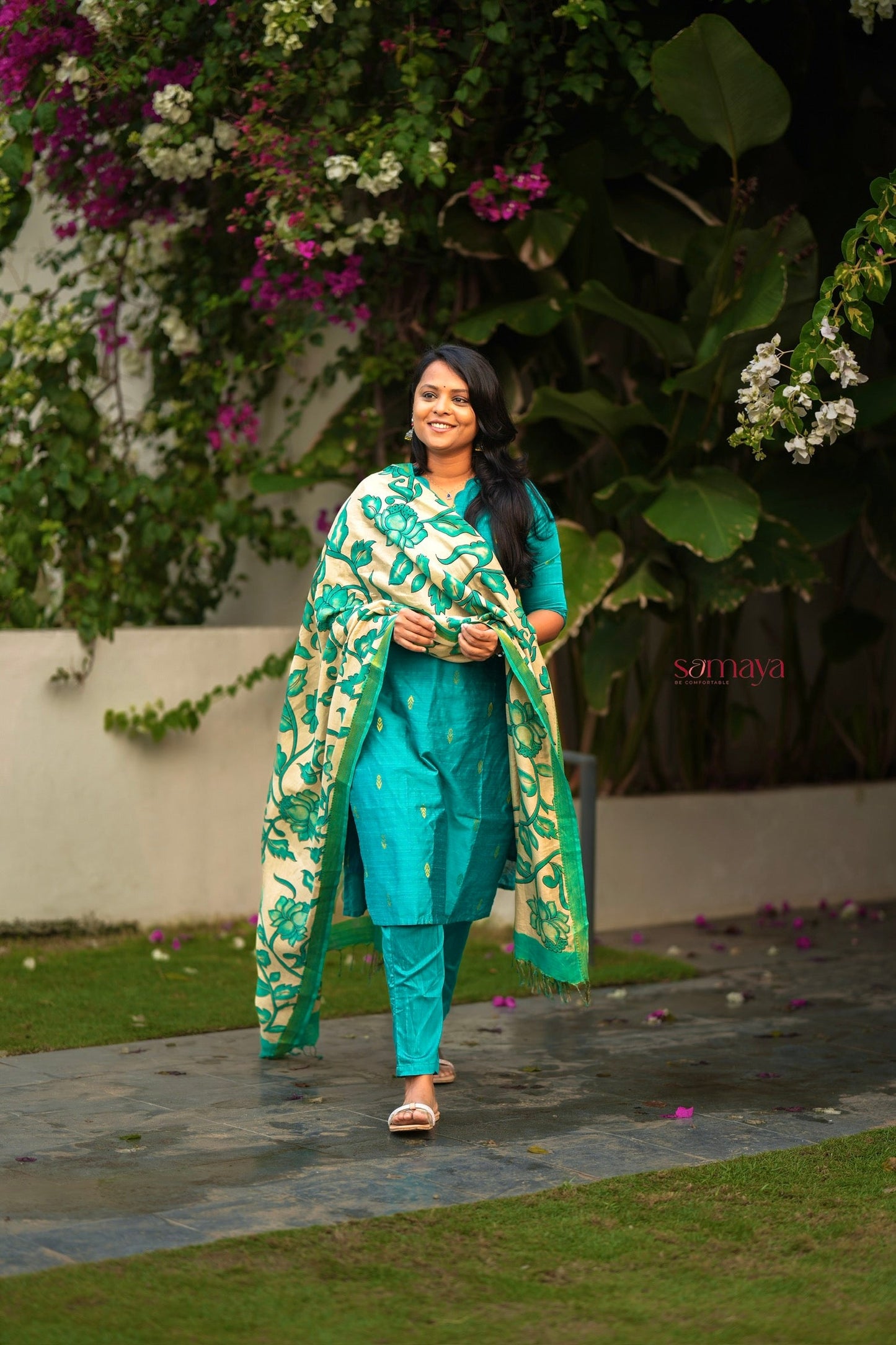 Vaishnavi 3 piece raw silk suit set wth hand painted kalamkari dupptta(ready to dispatch )