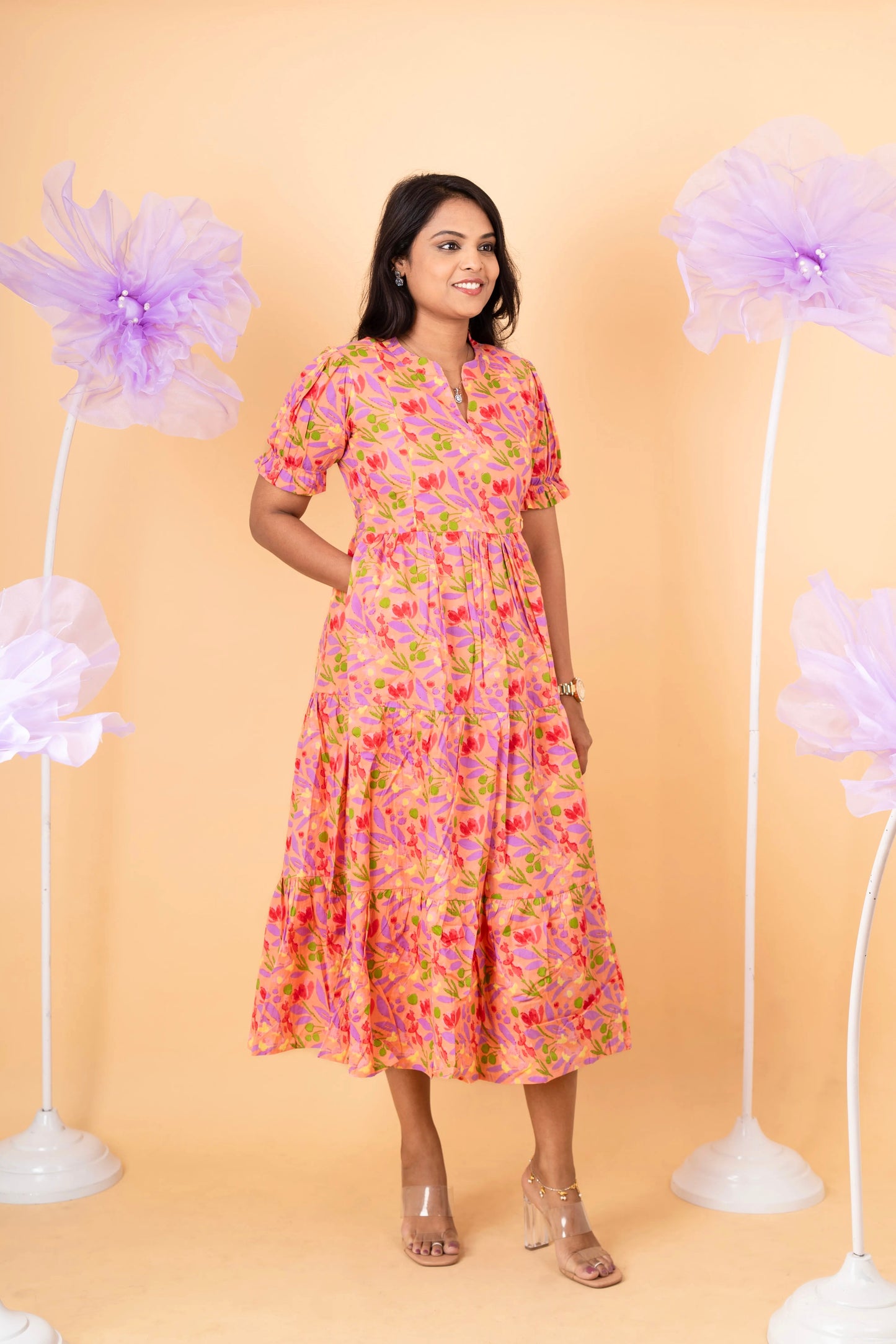 Peach casual  Dress With Lining Non-Maternity & Feeding-Friendly Dress
