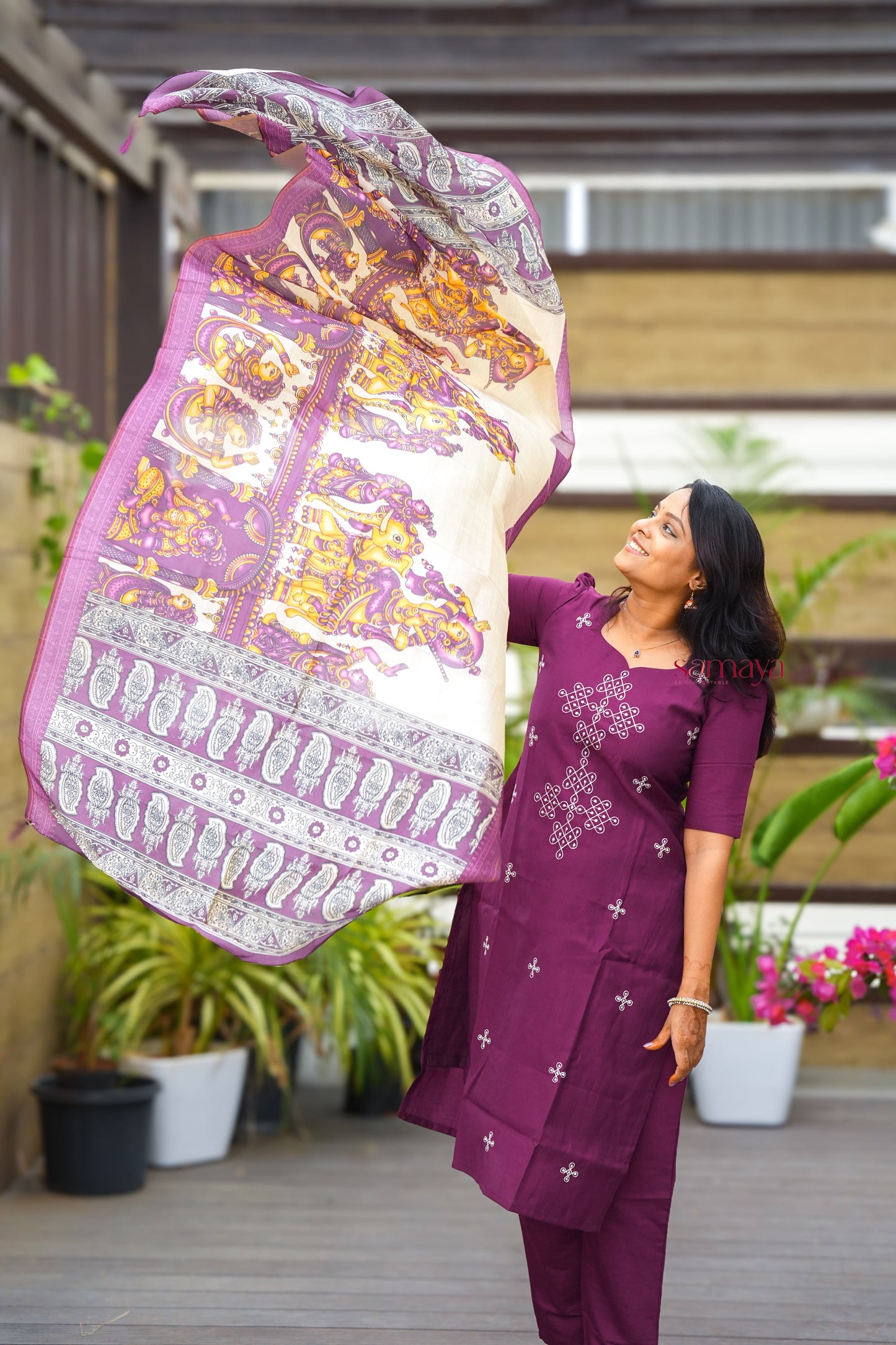 Saanvi -Purple Kolam 3 piece salwar suit set with kalamkari printed dupatta