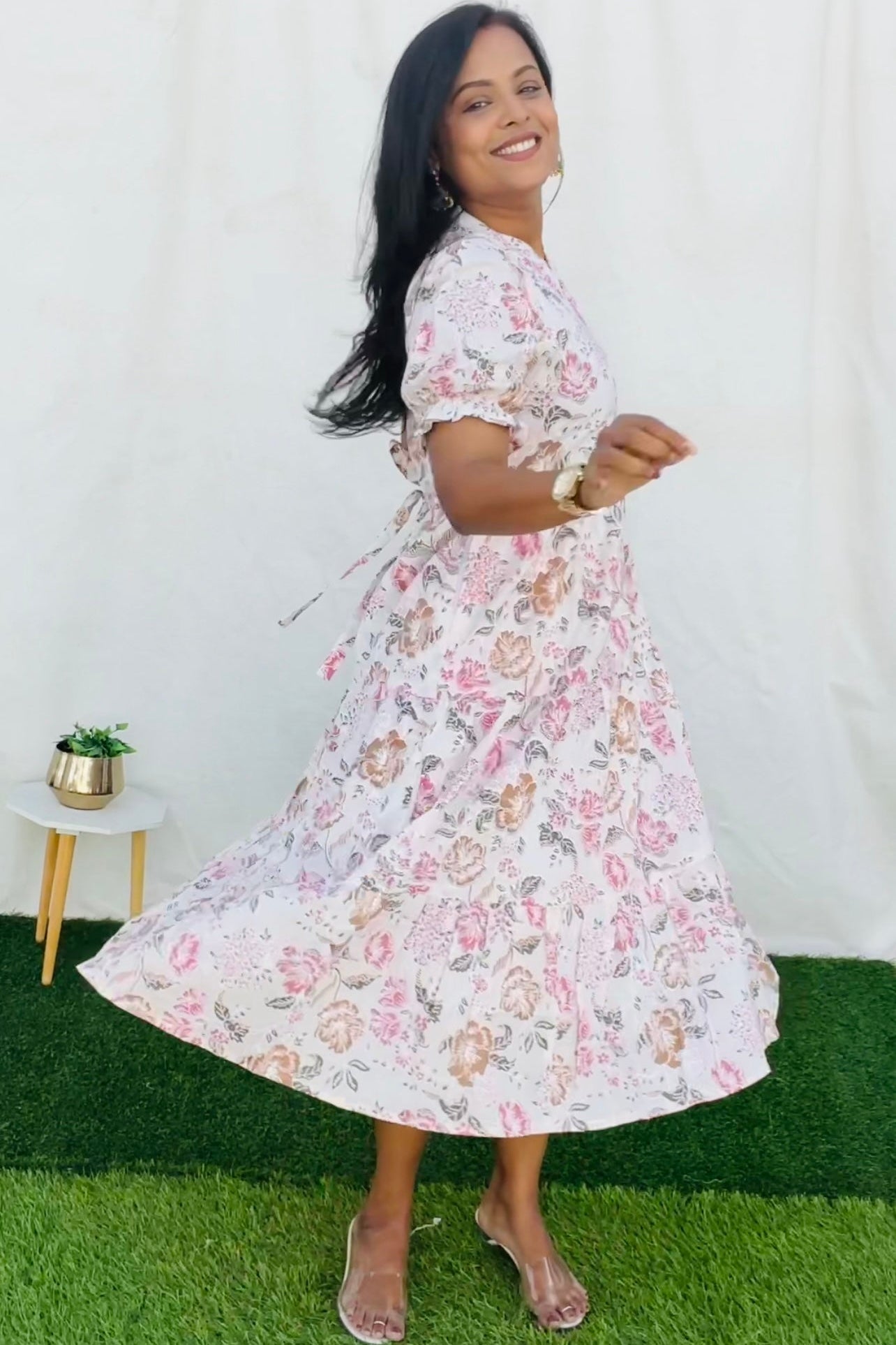 White hand block printed maternity feeding dress with lining