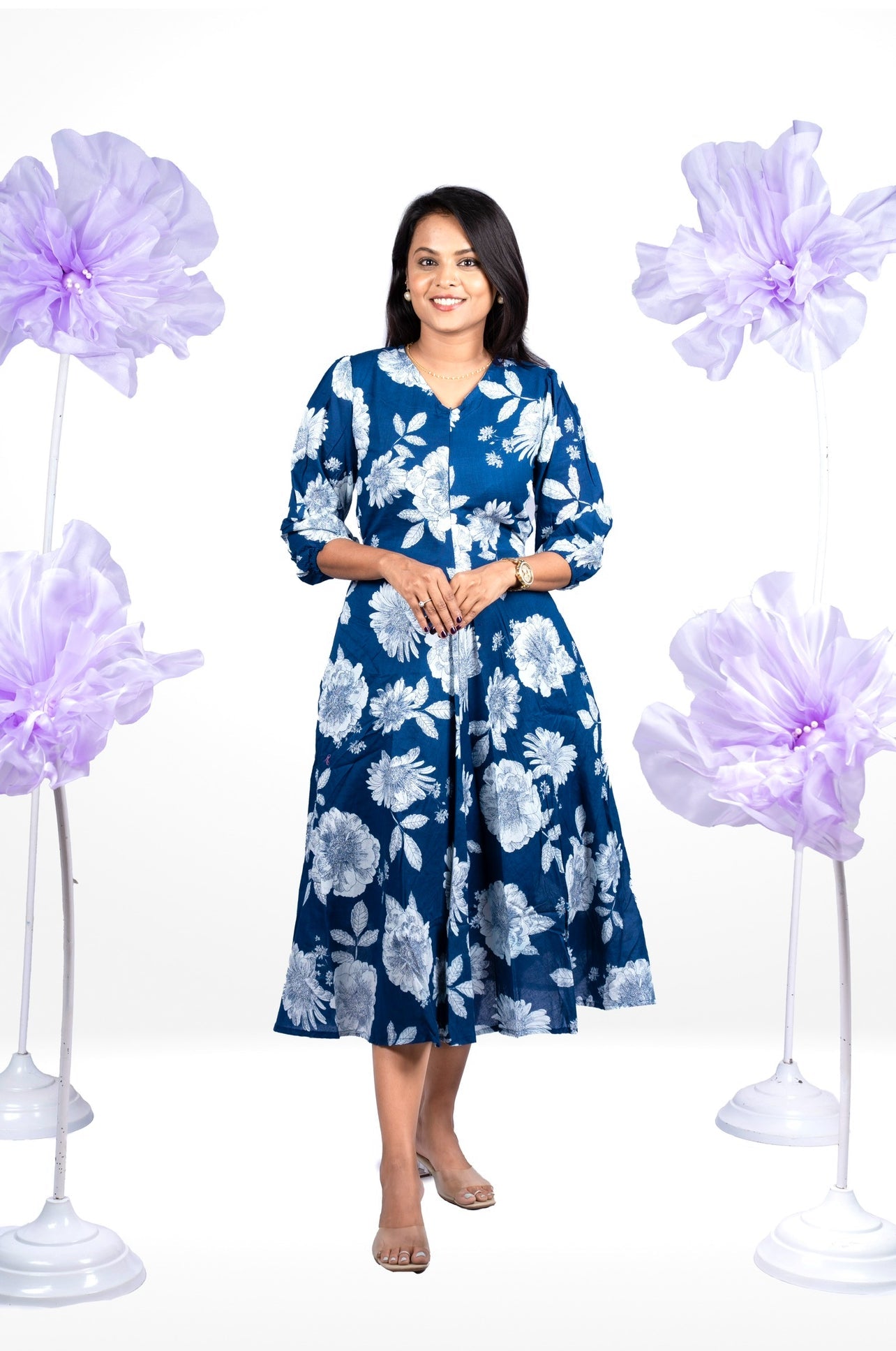 Navy Flower Casual Dress With Lining (SPECIAL SALE PRICE)