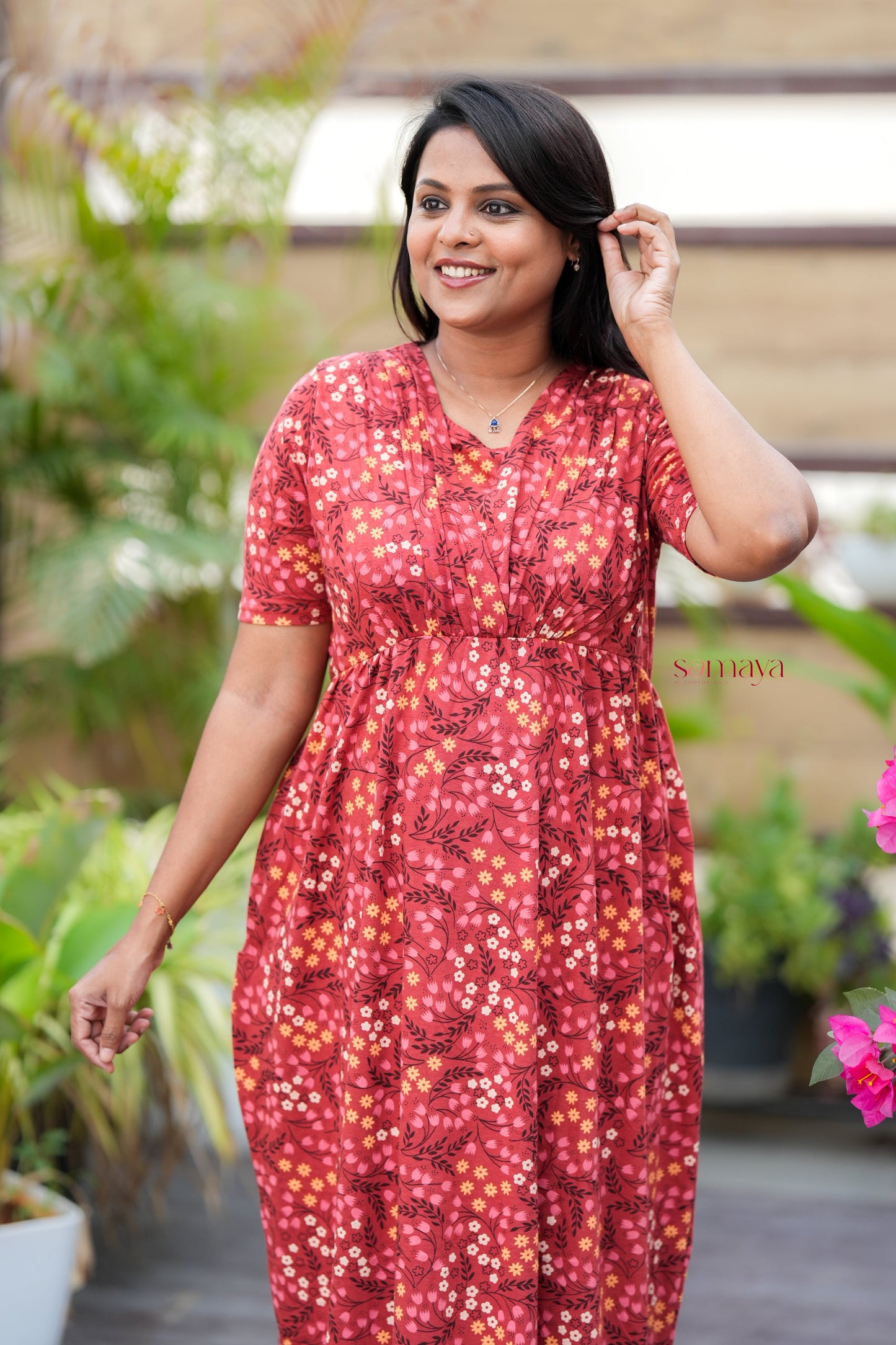 Maxi Rust Orange Light Weight Dress with attached dupptta drape