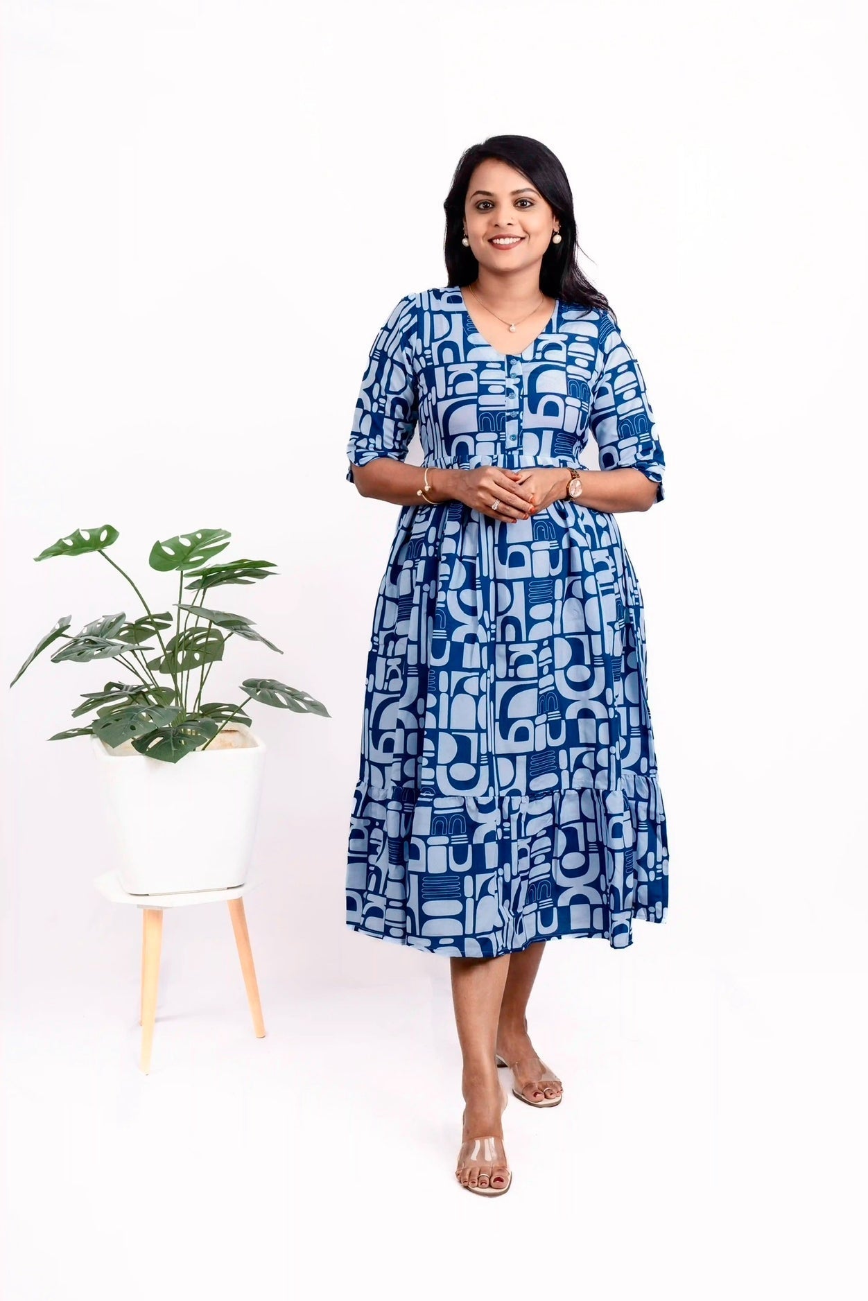 Geometric Day to Night Dress Without Lining ( Wrinkle-Free Cotton blend Dress)