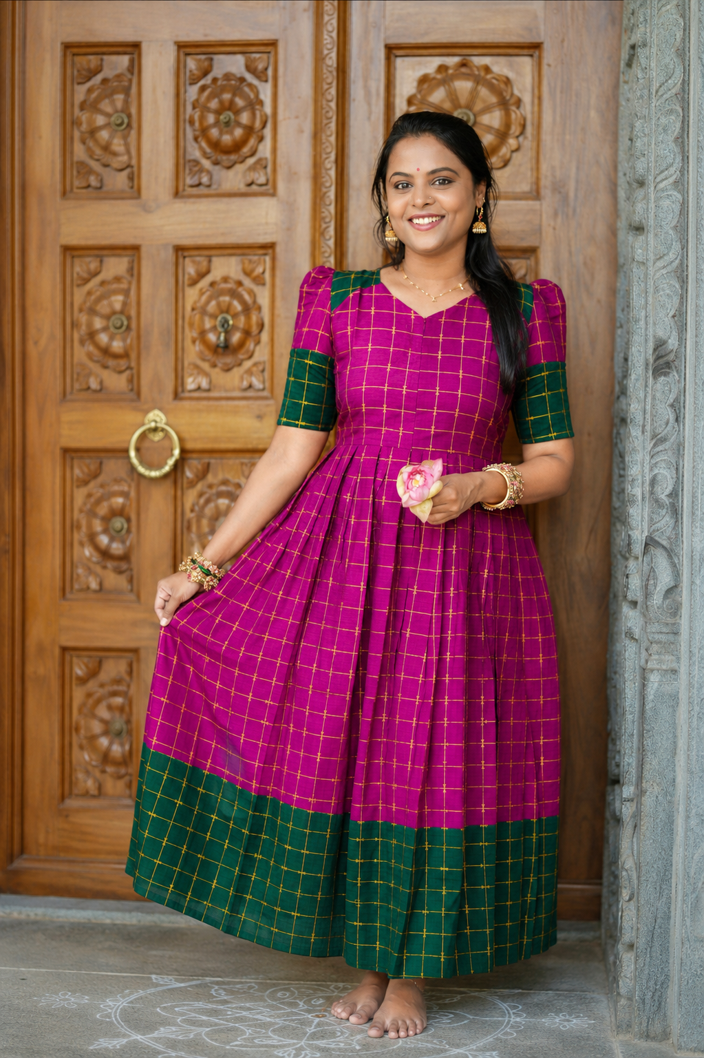 Poongulazi checked maxi Dress With Lining ( ready to dispatch )