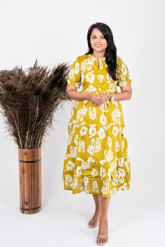 Yellow Green casual Dress With Lining