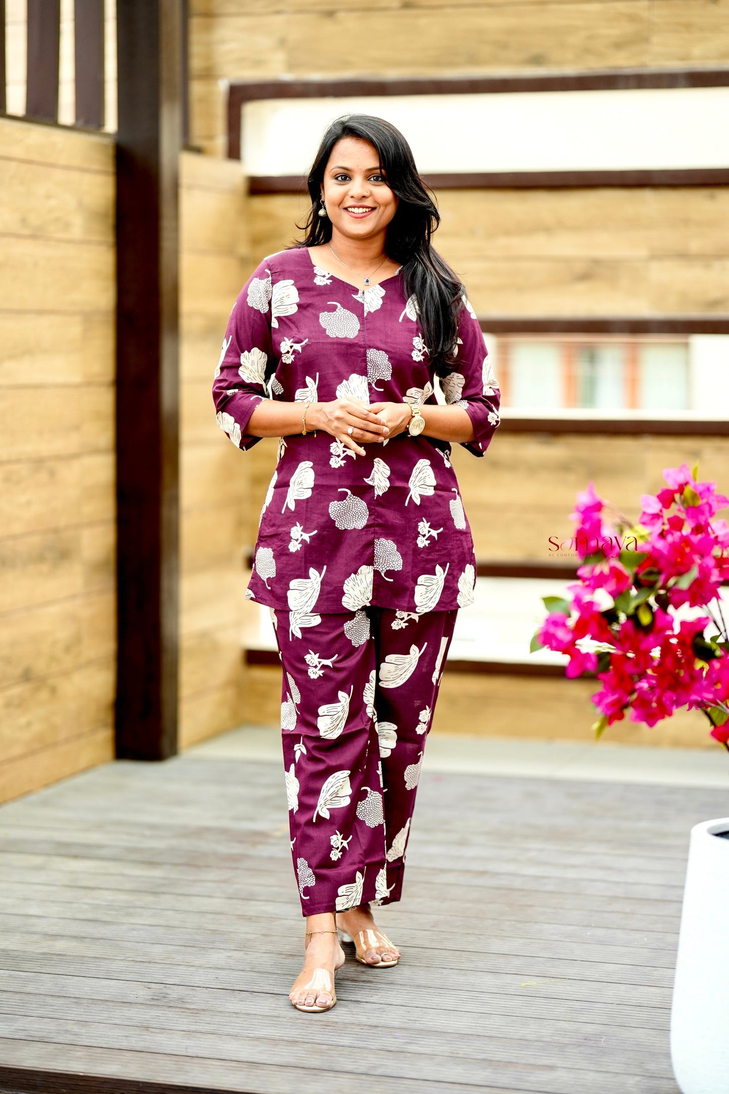 HAASYA burgundy Night Co-ord Set