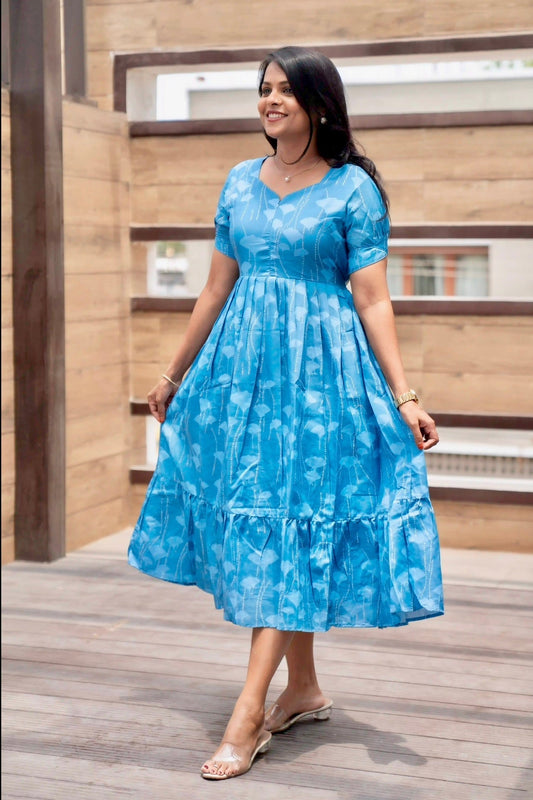 Skyblue Dot Casual Dress With Lining