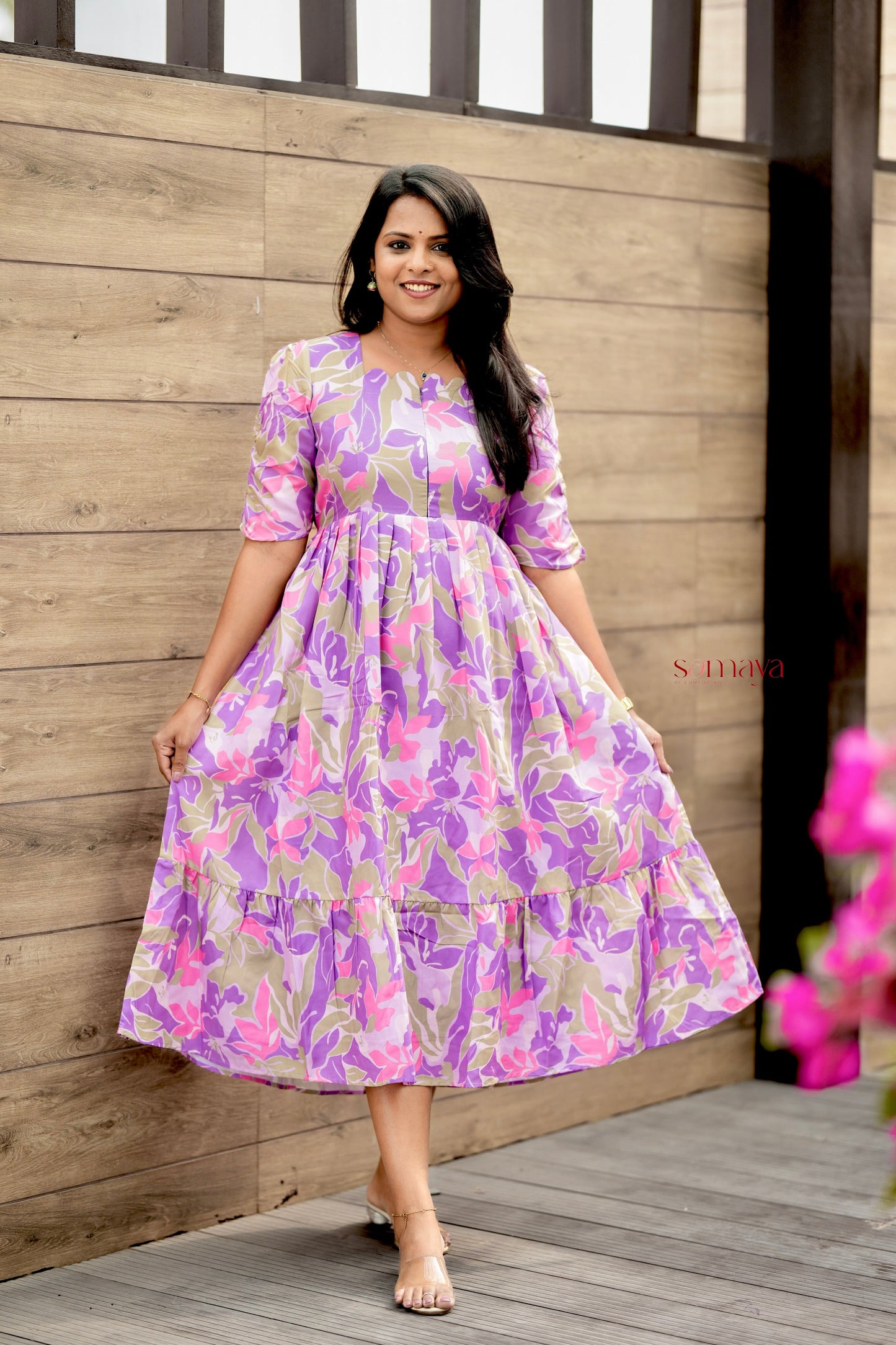 Laya Floral Dress With lining( Wrinkle-Free Cotton Blend Dress)