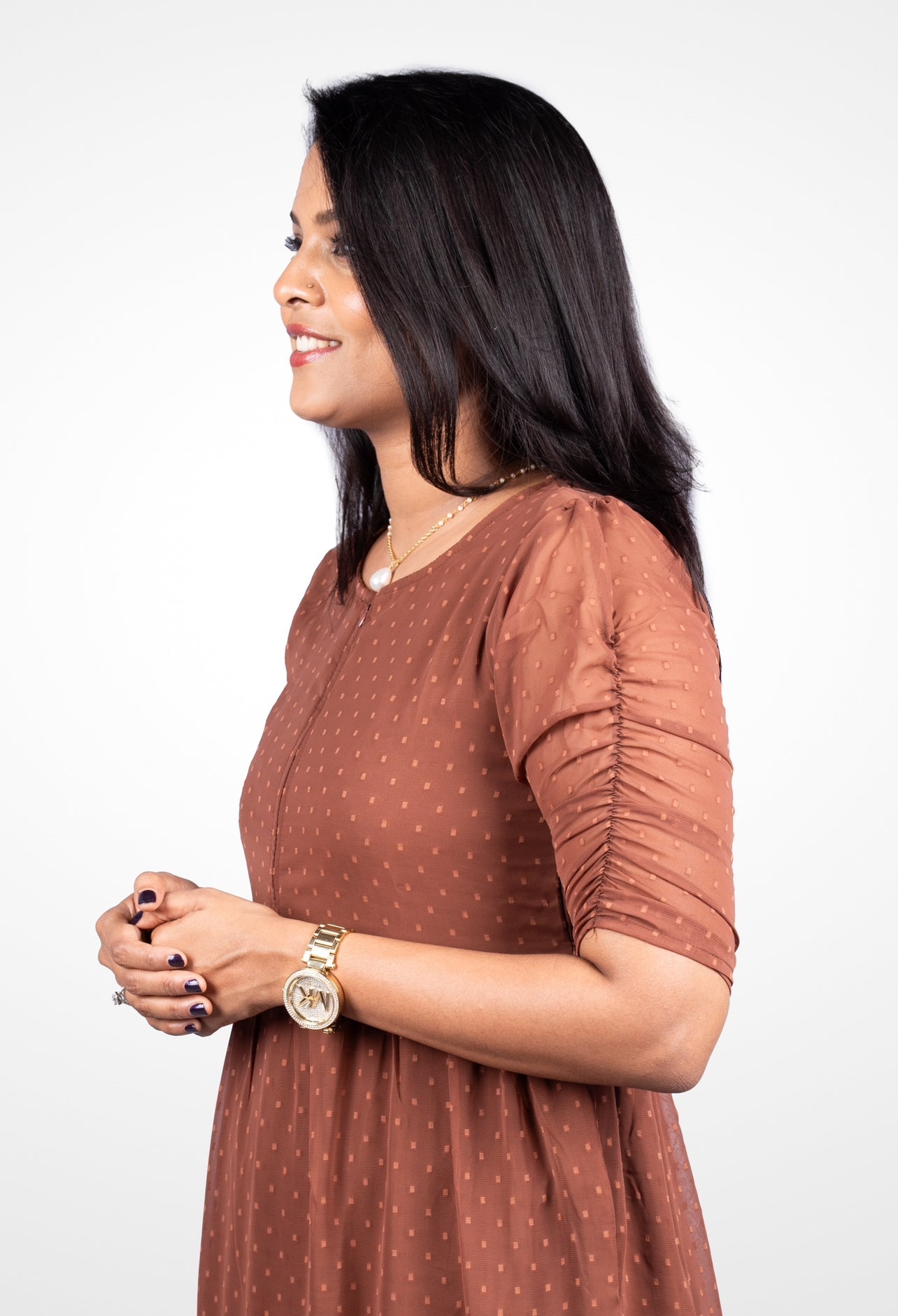 Chocolate georgette casual  Dress With Lining ( No-Iron Everyday Dress)