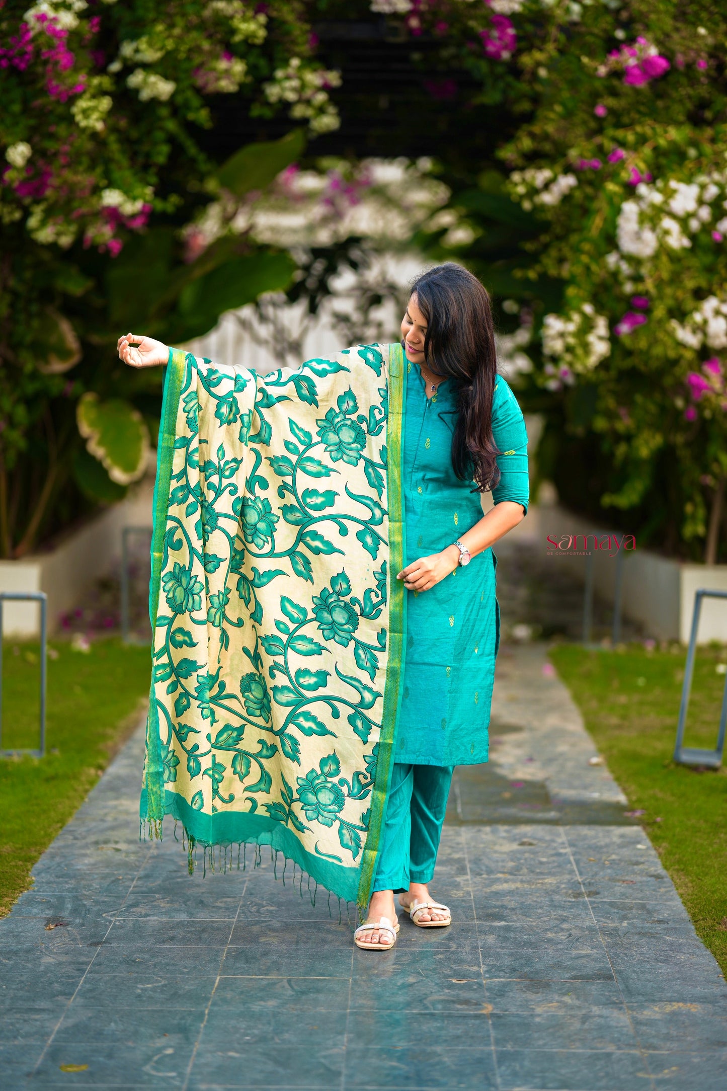 Vaishnavi 3 piece raw silk suit set wth hand painted kalamkari dupptta(ready to dispatch )