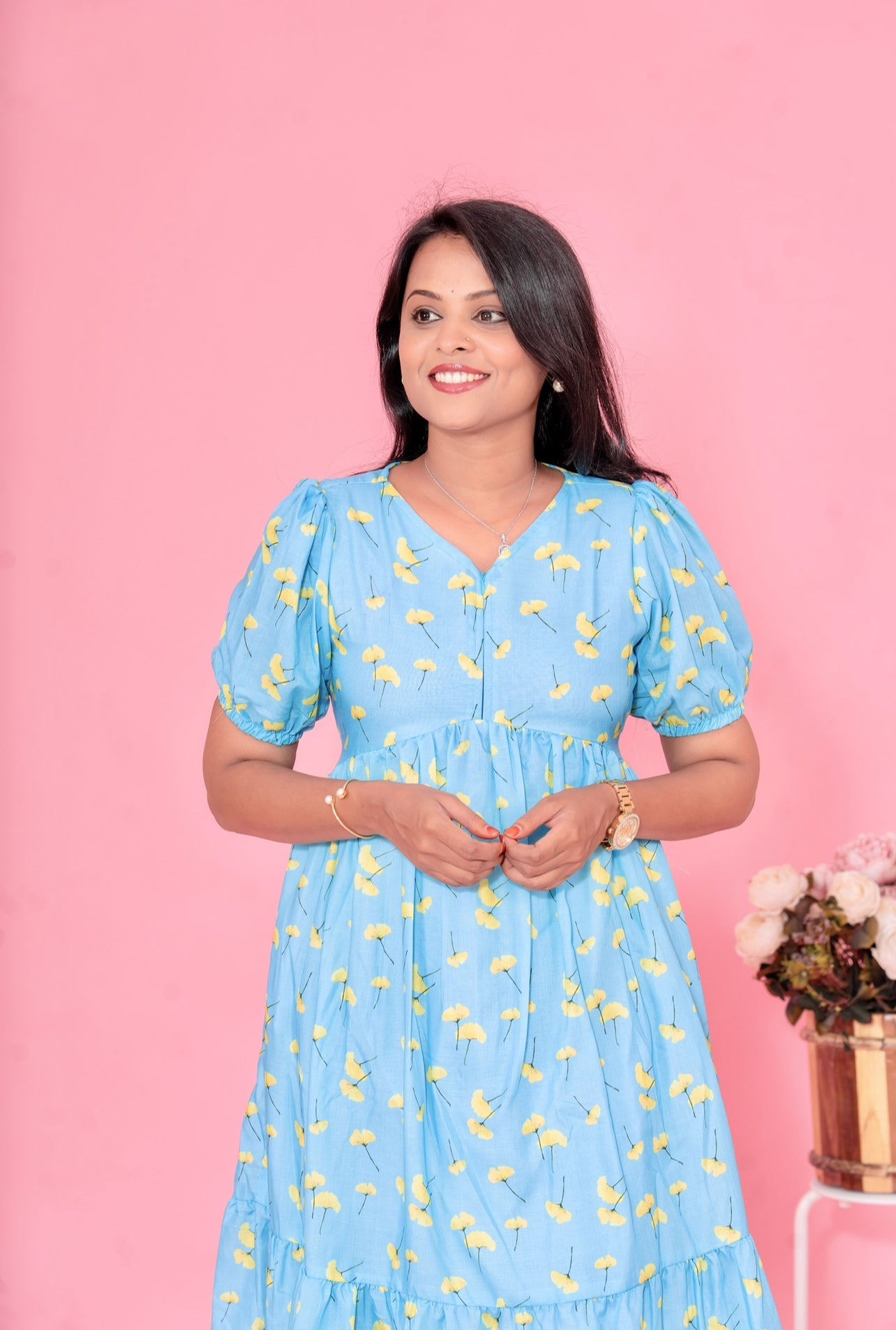 Skyblue Casual  Dress With Lining ( No-Iron Everyday Dress)