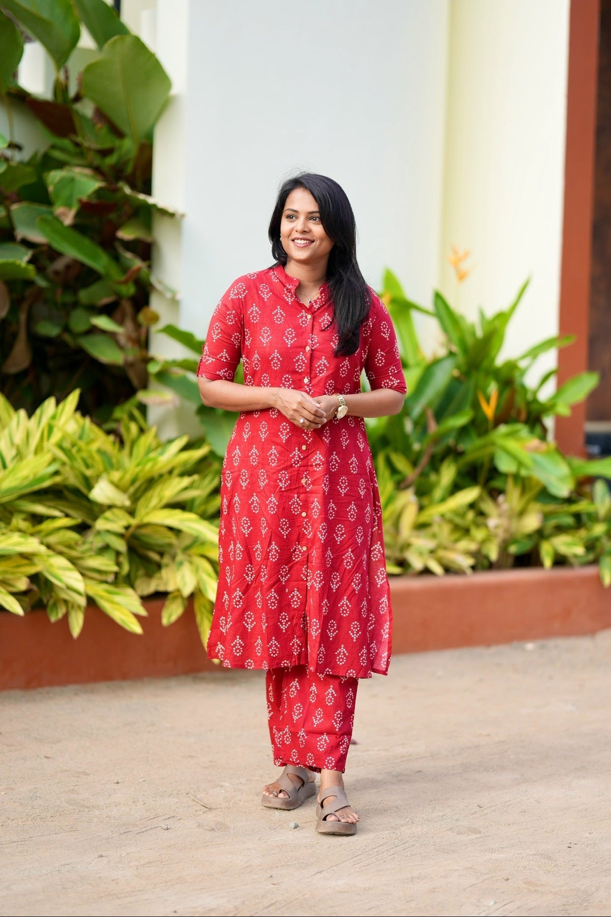 Red cotton  Co-ord set button opening