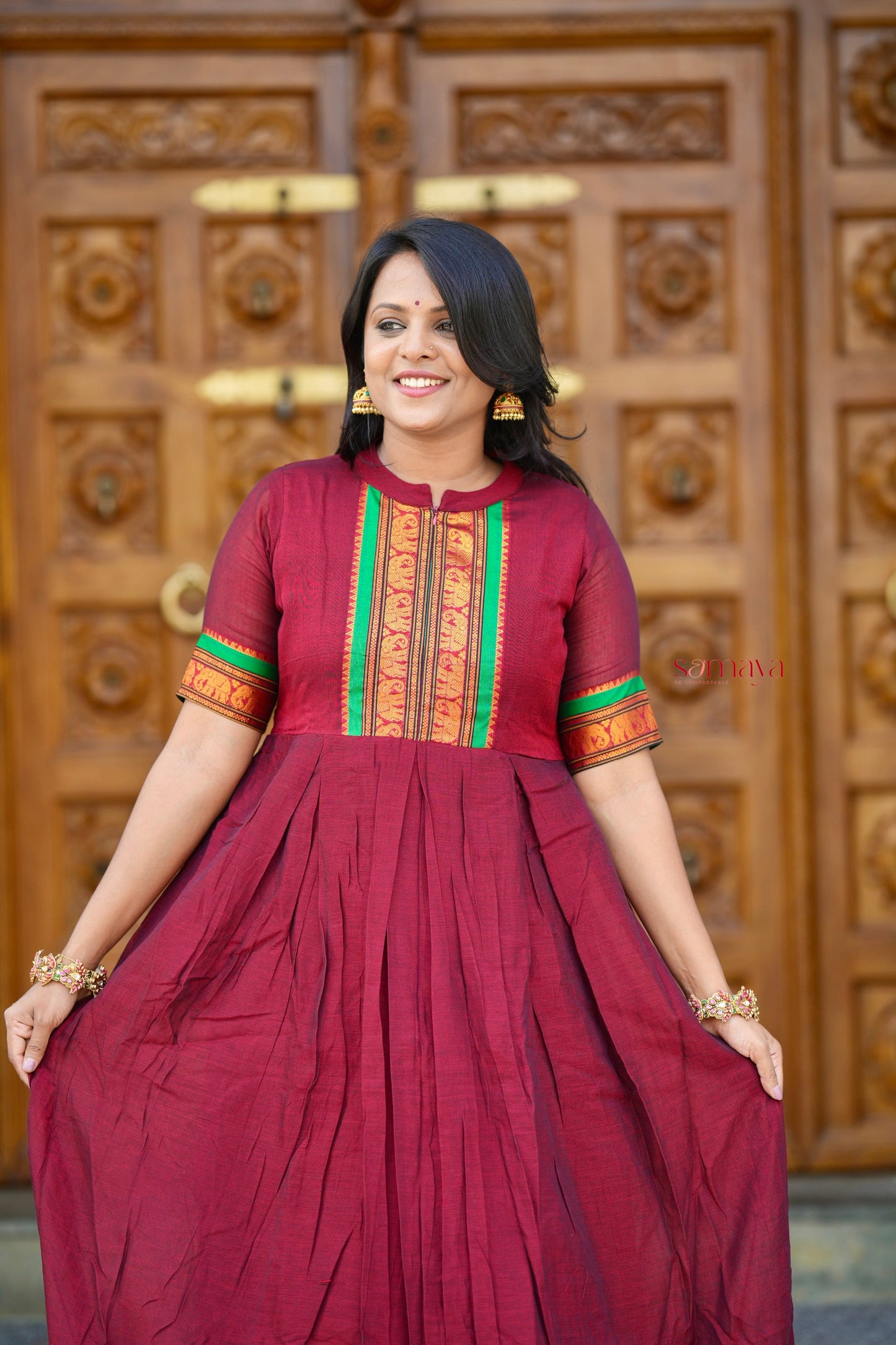 Maroon Narayanapet maxi Dress With Lining ( ready to dispatch)