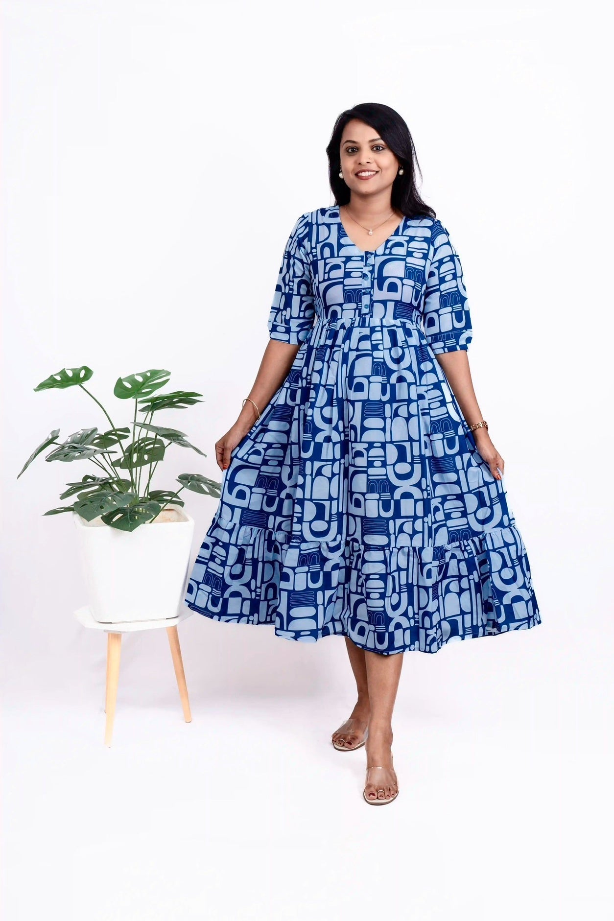 Geometric Day to Night Dress Without Lining ( Wrinkle-Free Cotton blend Dress)