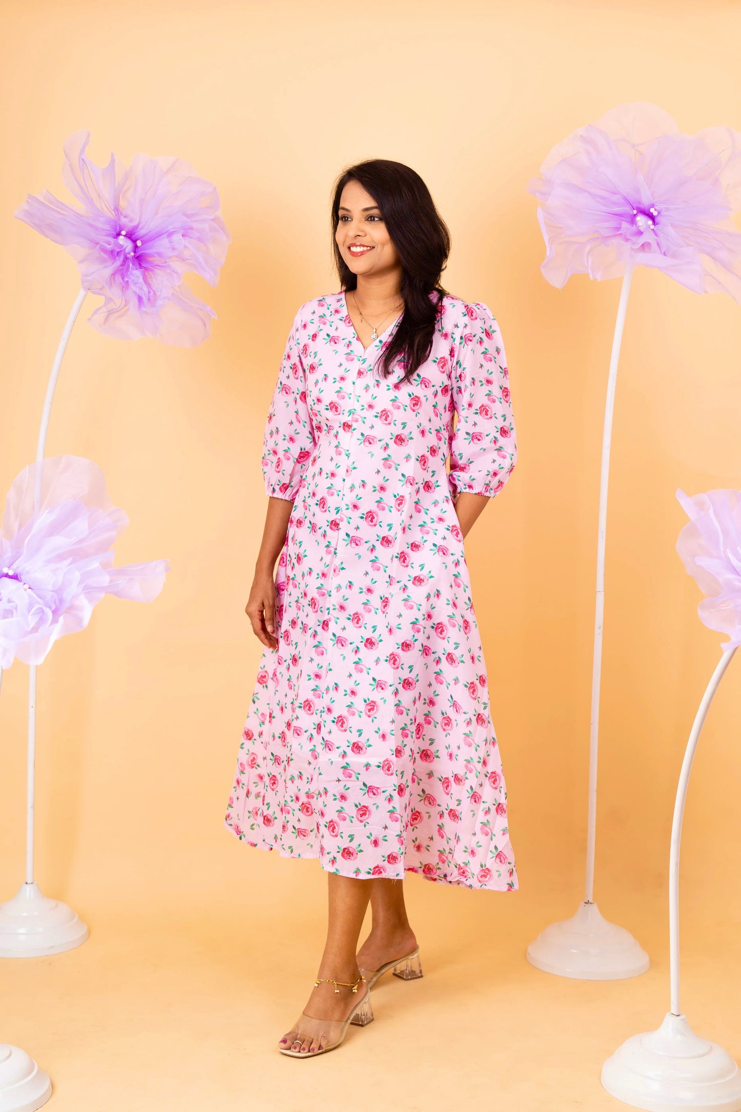 Rose casual  Dress With Lining ( No-Iron Everyday Dress)