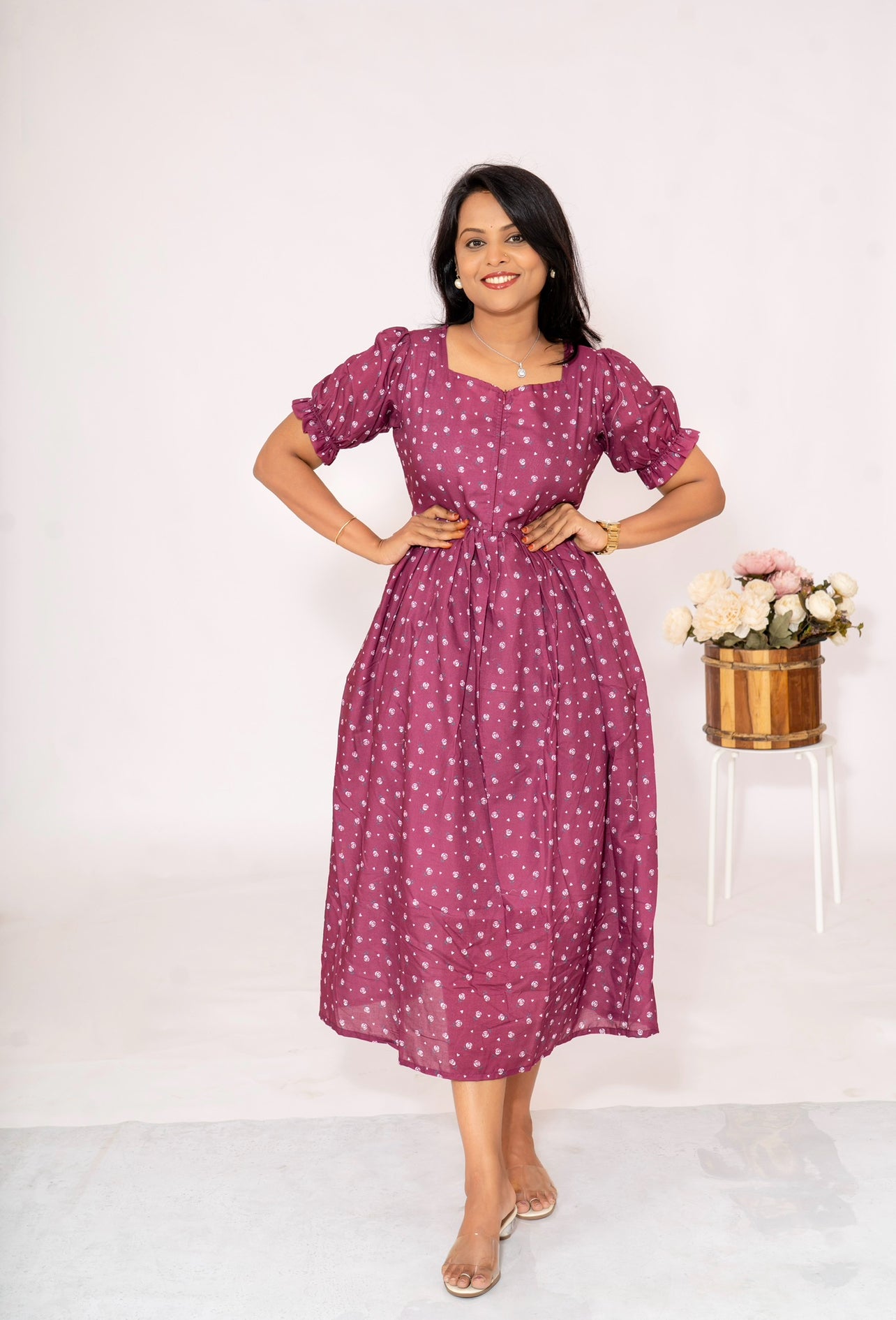 Maroon Casual  Dress With Lining ( No-Iron Everyday Dress)