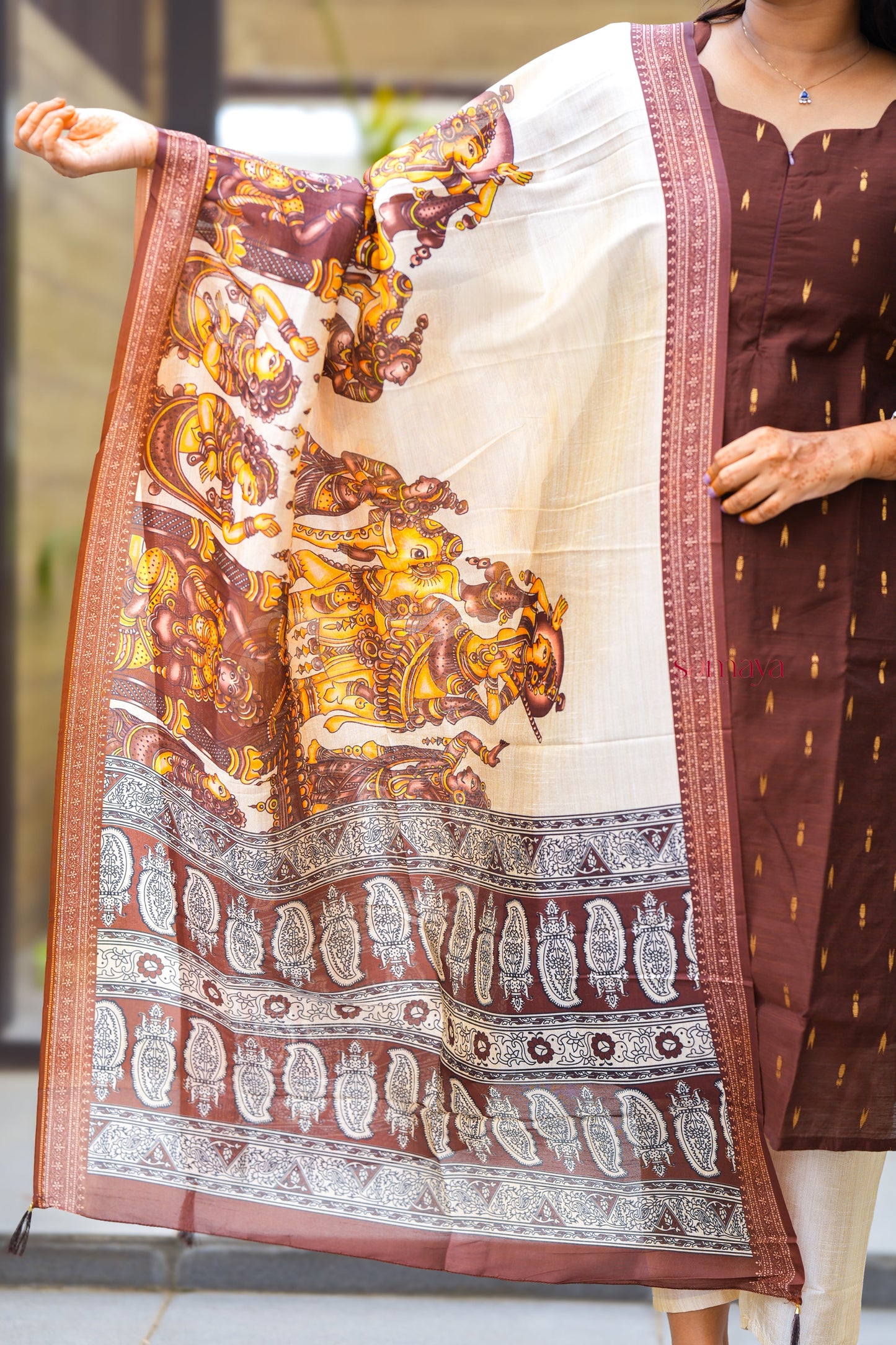 Chocolate - 3 piece salwar suit set with printed kalamkari dupatta