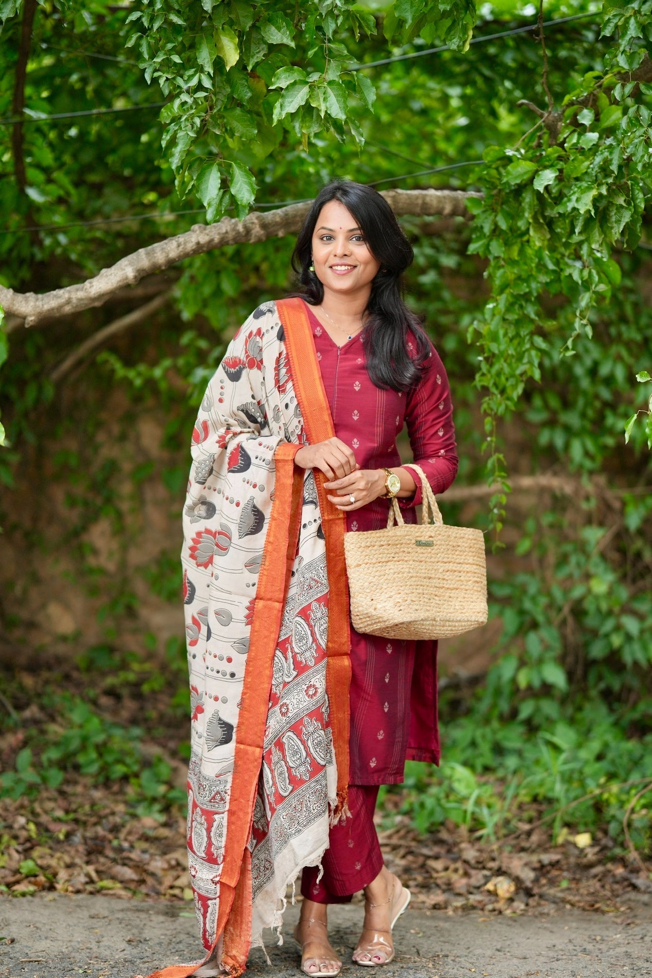 Nithya raw silk Kurta Set with hand painted kalamkari dupptta (ready to dispatch)
