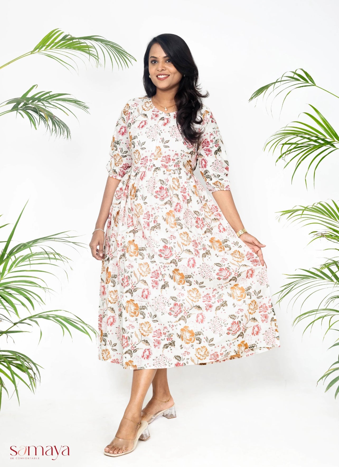 White hand block printed maternity feeding dress with lining