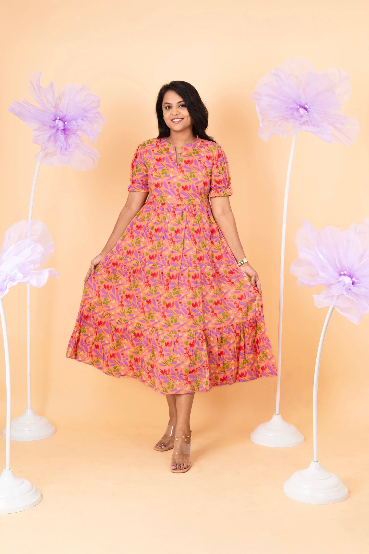 Peach casual  Dress With Lining Non-Maternity & Feeding-Friendly Dress