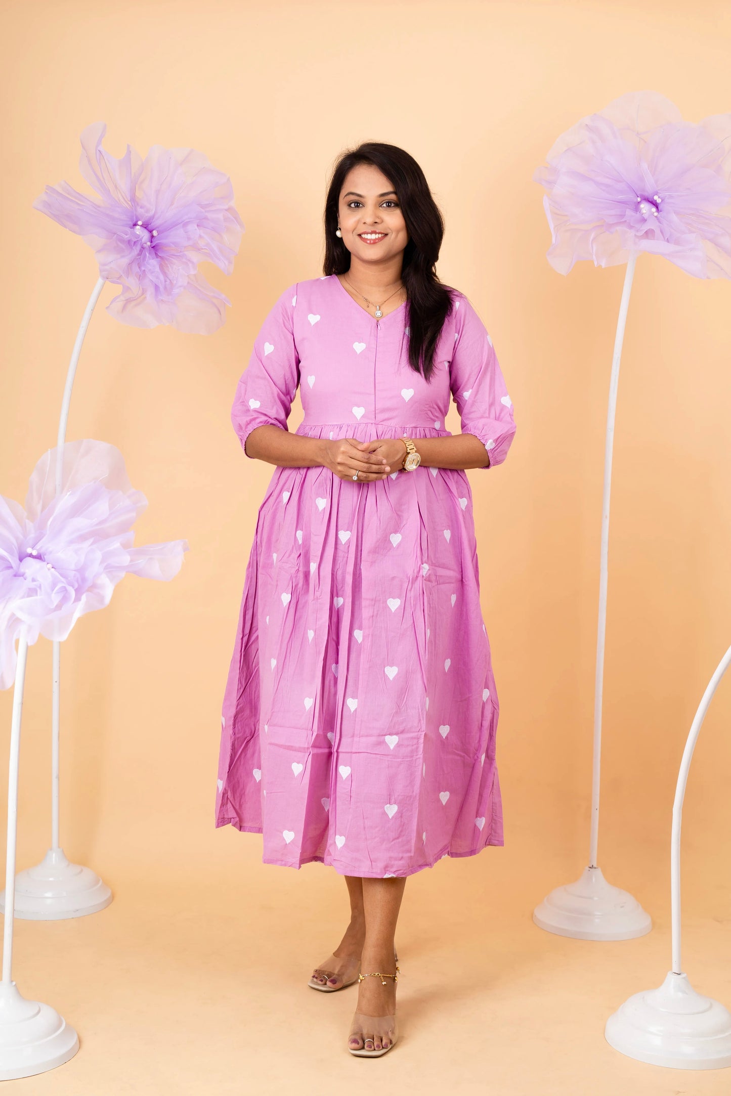 Lavender heart embroidered pure cotton casual  Dress With Lining (minor  stain in the dress so sold at sale price )
