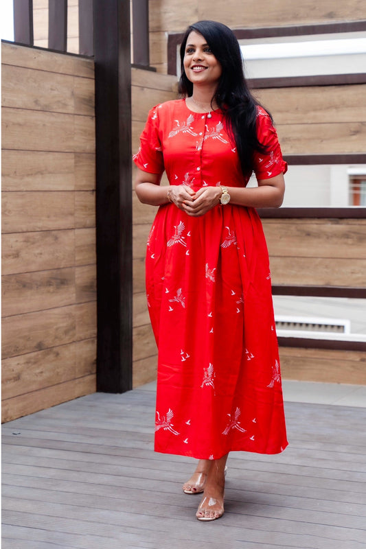 Crimson day to Night Dress Without Lining ( Wrinkle-Free Cotton blend Dress)