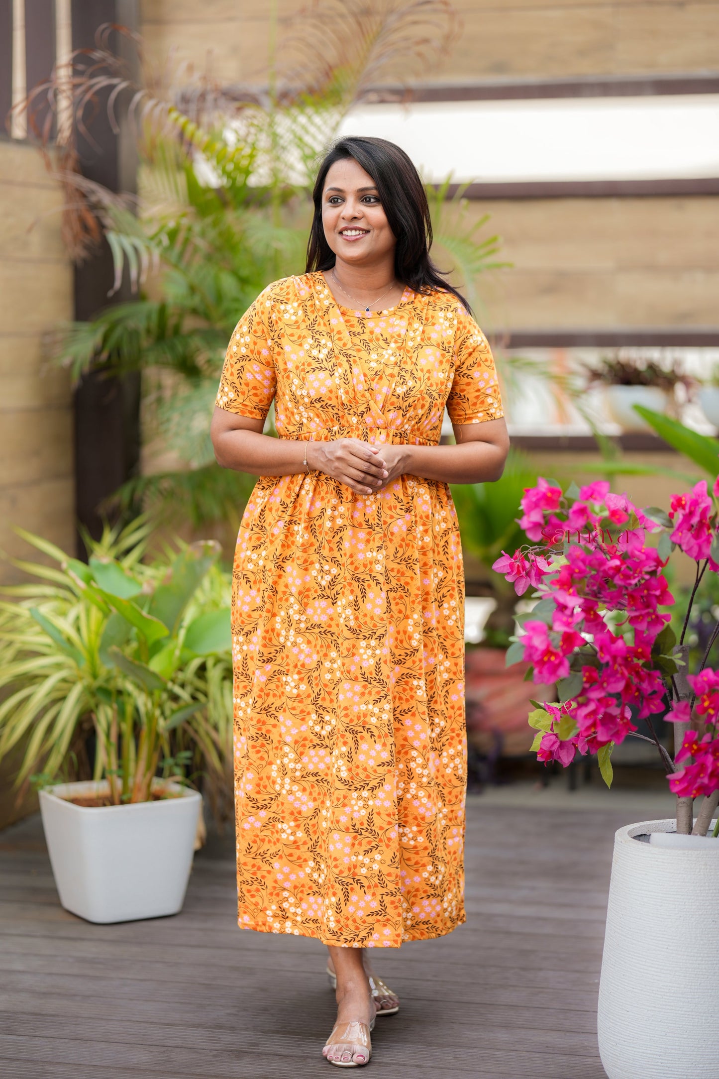 Maxi Mustard Light Weight Dress with attached dupptta drape