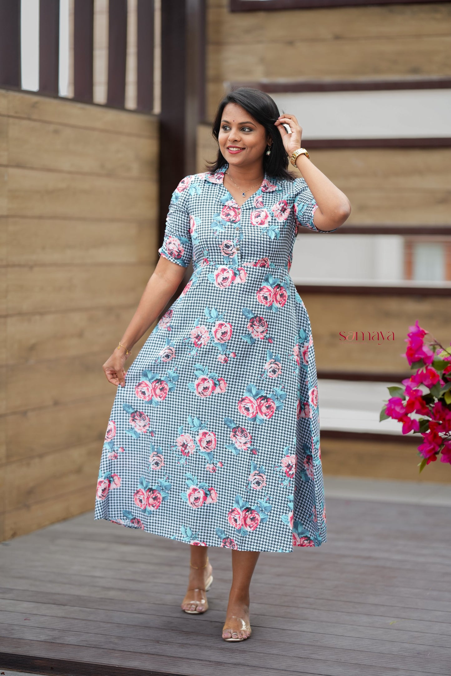 Vedha Casual Dress With Lining( Wrinkle-Free Cotton Blend Dress)