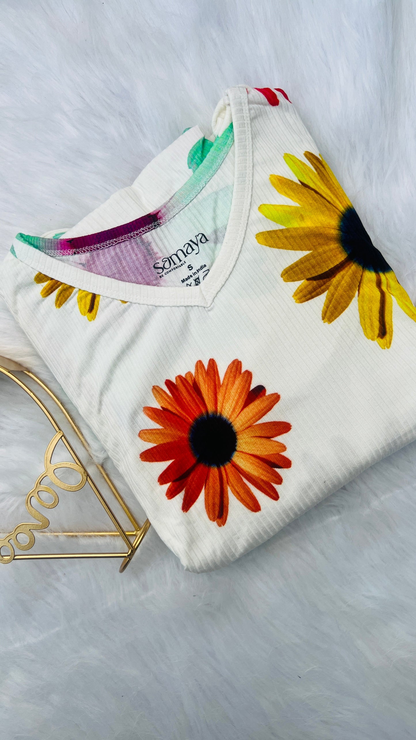 Maxi White Sunflower Ribbed Dress ( samaya exclusive premium fabric )( Minor embroidery,stain variation )