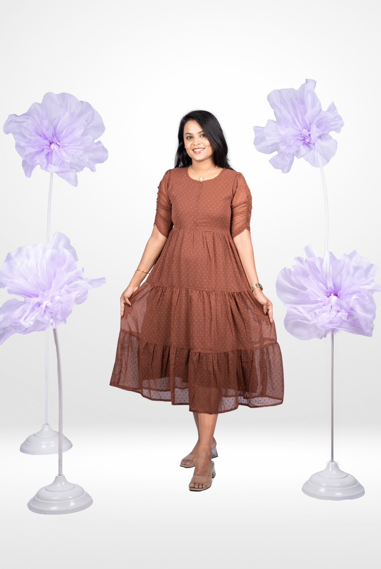 Chocolate georgette casual  Dress With Lining ( No-Iron Everyday Dress)