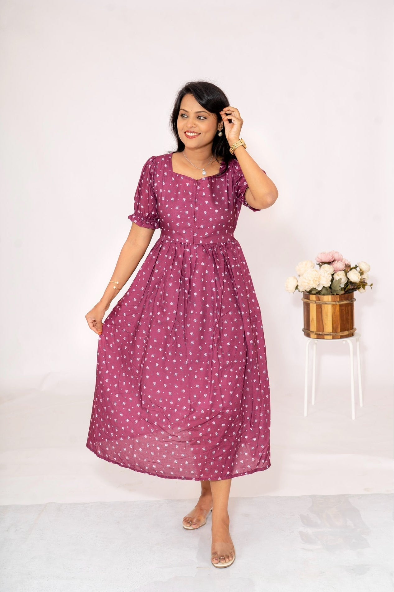 Maroon Casual  Dress With Lining ( No-Iron Everyday Dress)
