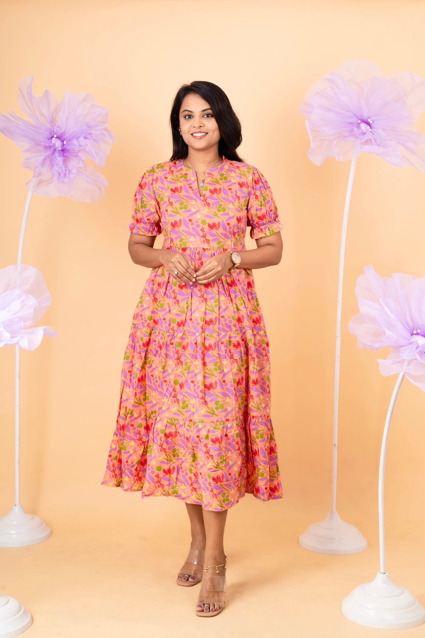 Peach casual  Dress With Lining Non-Maternity & Feeding-Friendly Dress
