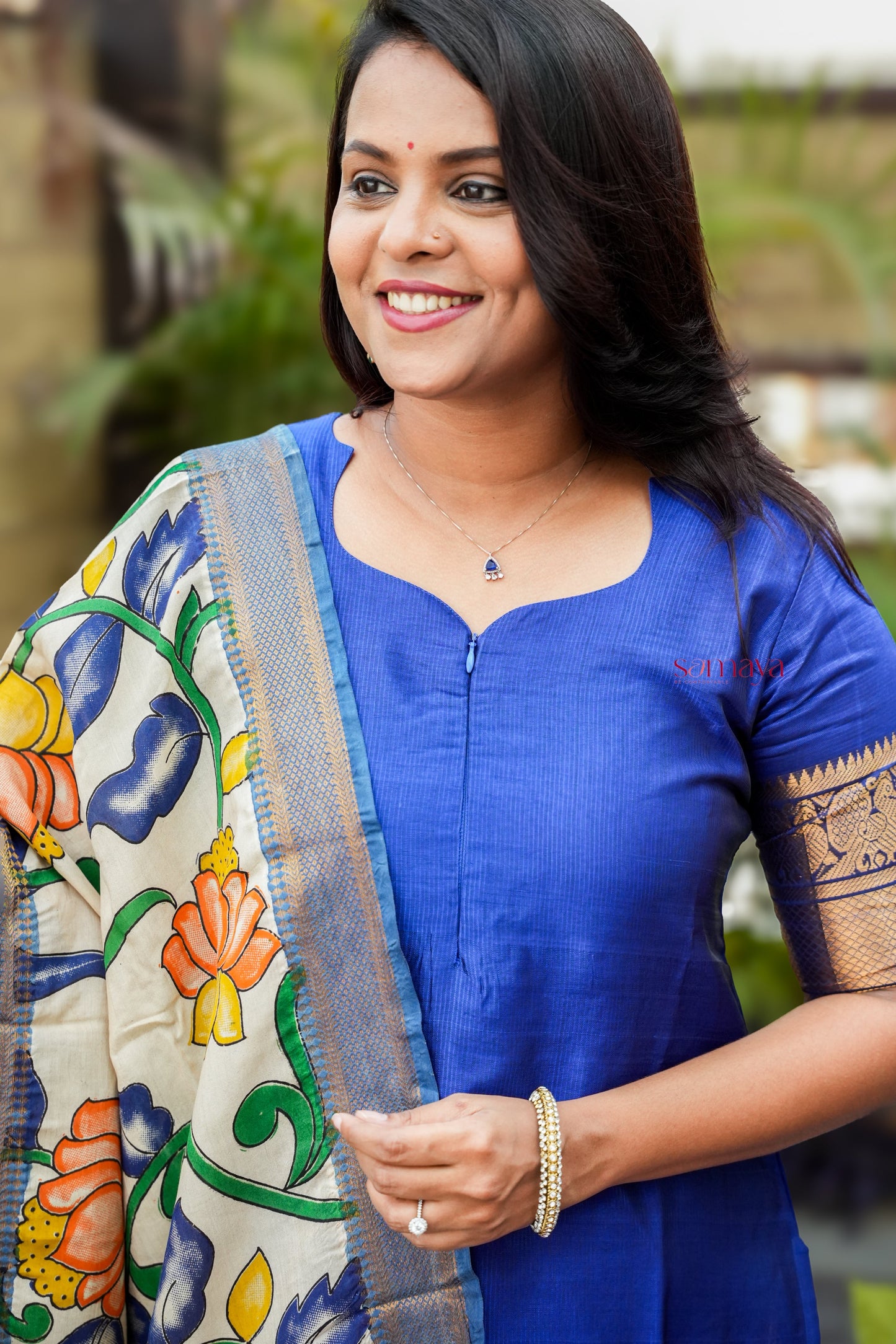 Radhae Mangalgiri Blue Narayanapet silk top with kalamkari hand painted dupptta set of 2 ( ready to dispatch)