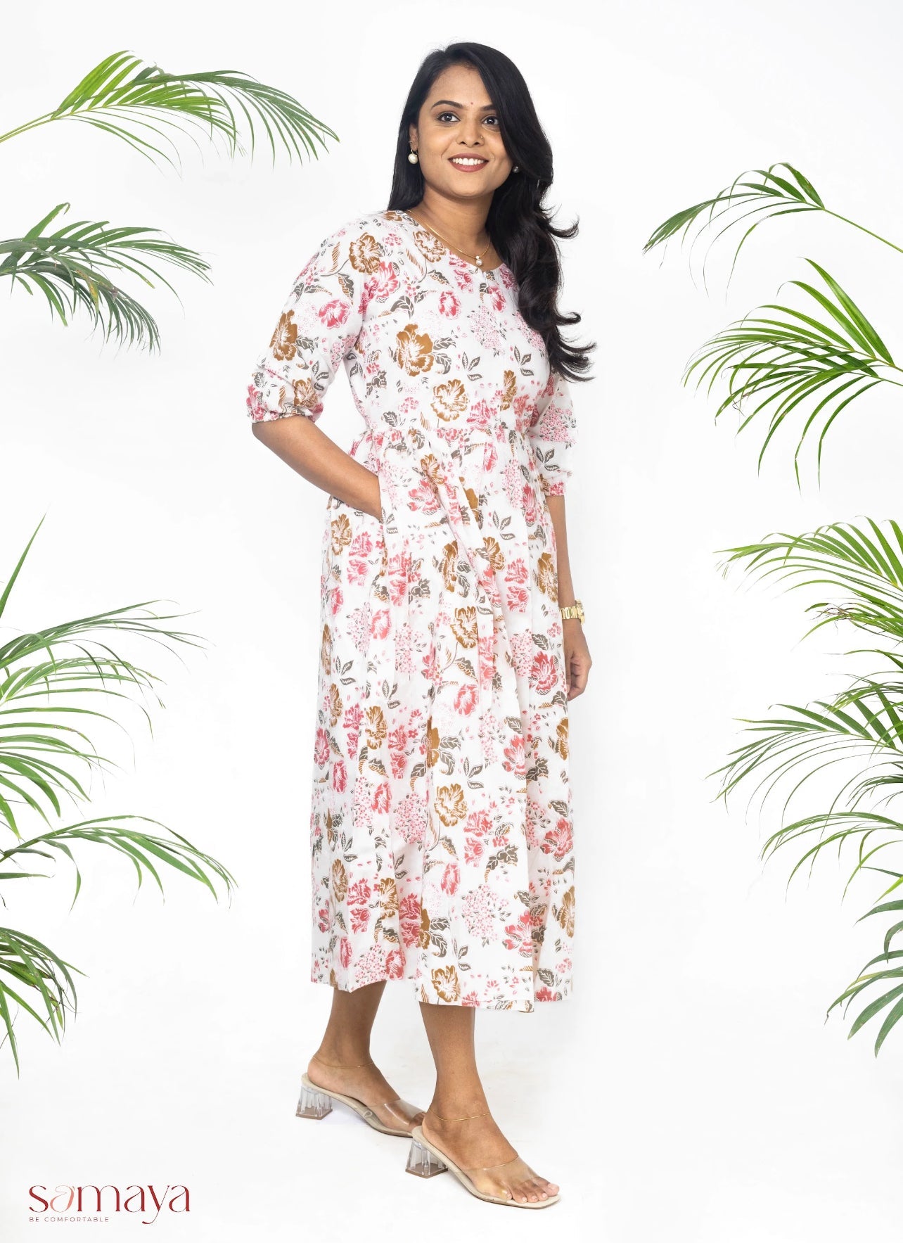 White hand block printed maternity feeding dress with lining